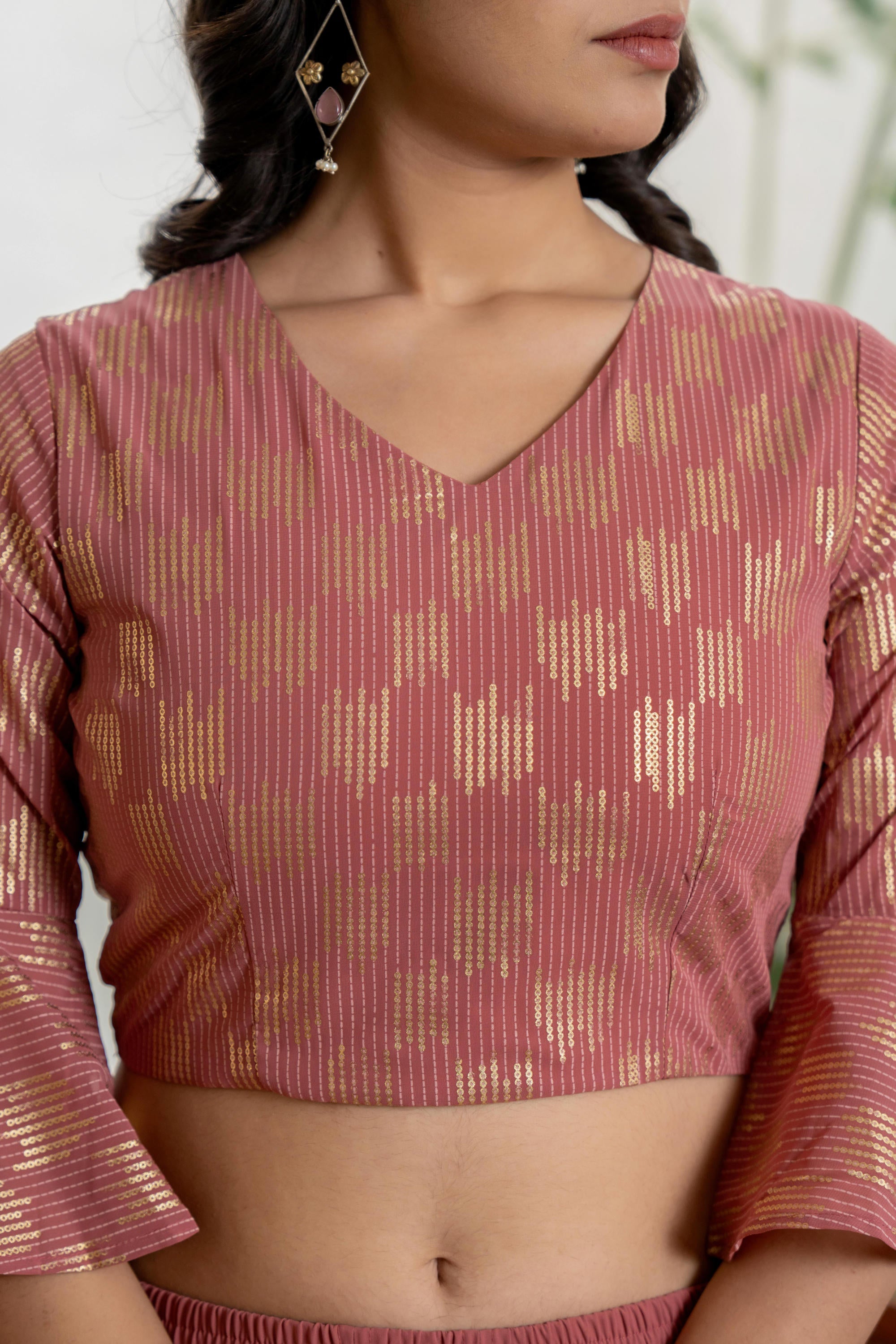 Peach Solid Georgette Crop Top, Palazzo & Dupatta Set With Sequins & Thread Work