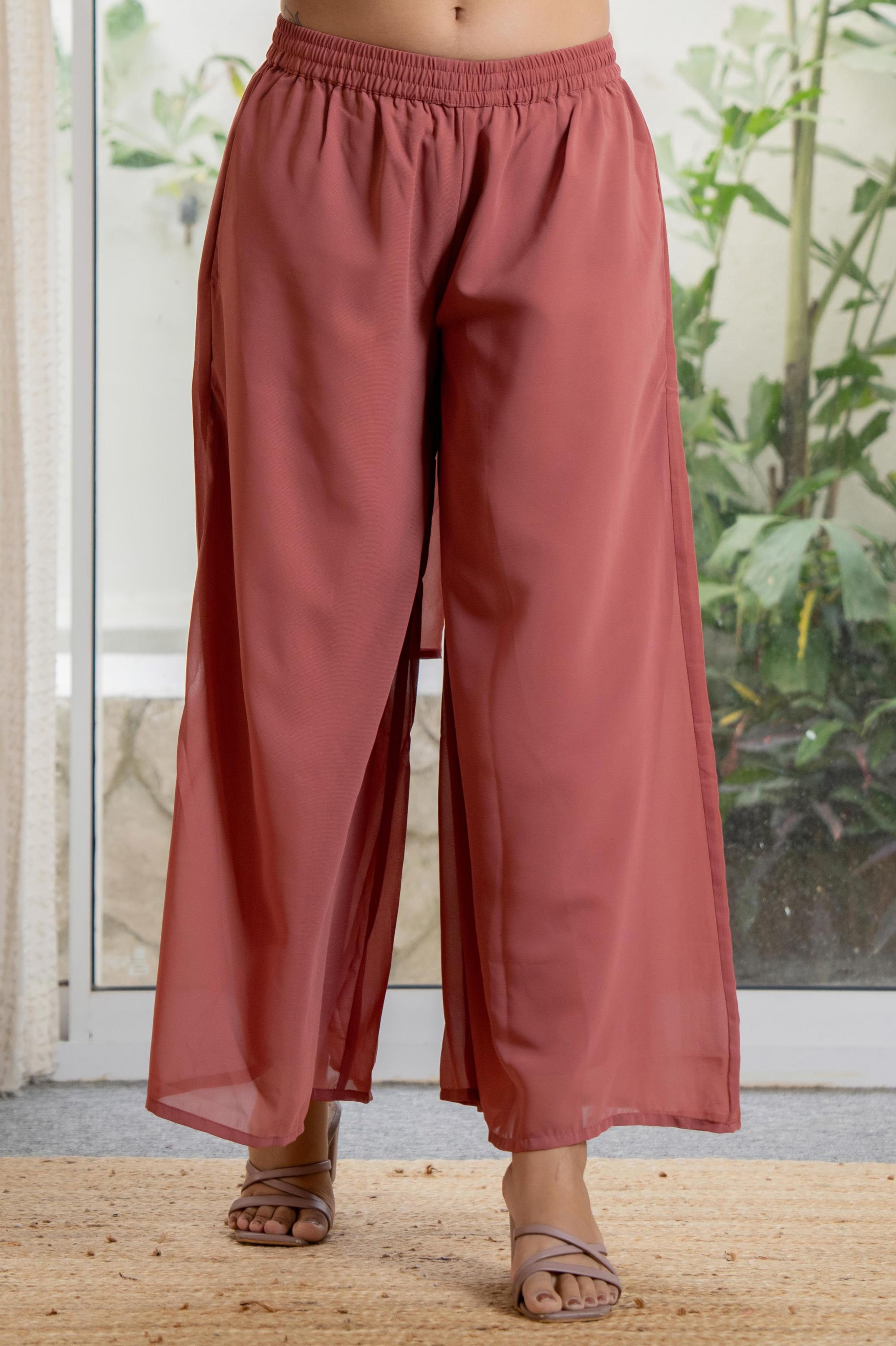 Peach Solid Georgette Crop Top, Palazzo & Dupatta Set With Sequins & Thread Work