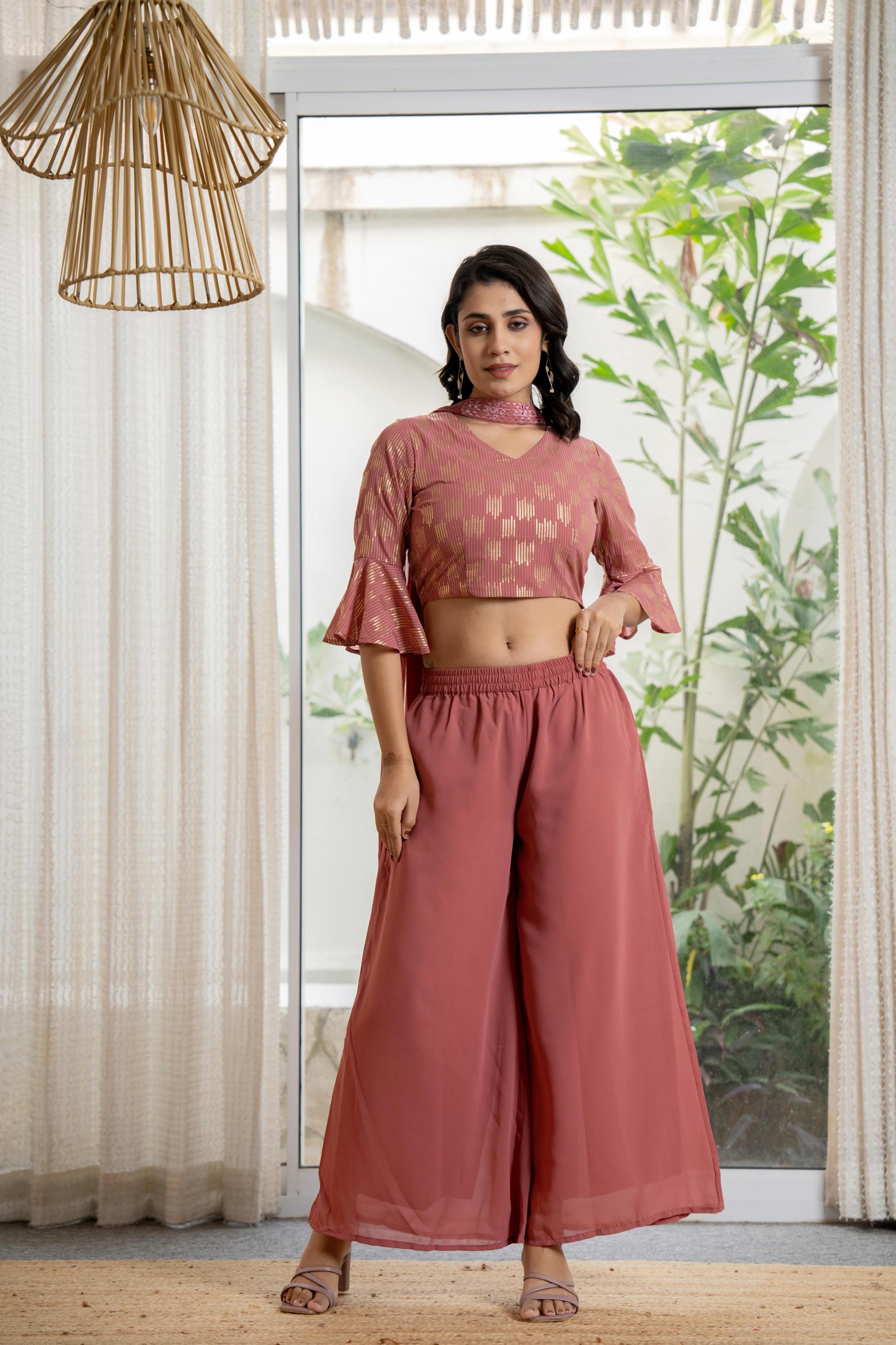 Peach Solid Georgette Crop Top, Palazzo & Dupatta Set With Sequins & Thread Work