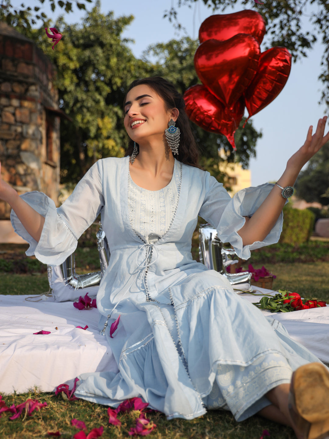 Juniper Powder blue Ethnic Motif printed rayon Crop Top Palazzo & Shrug With Beads & Sequins Work