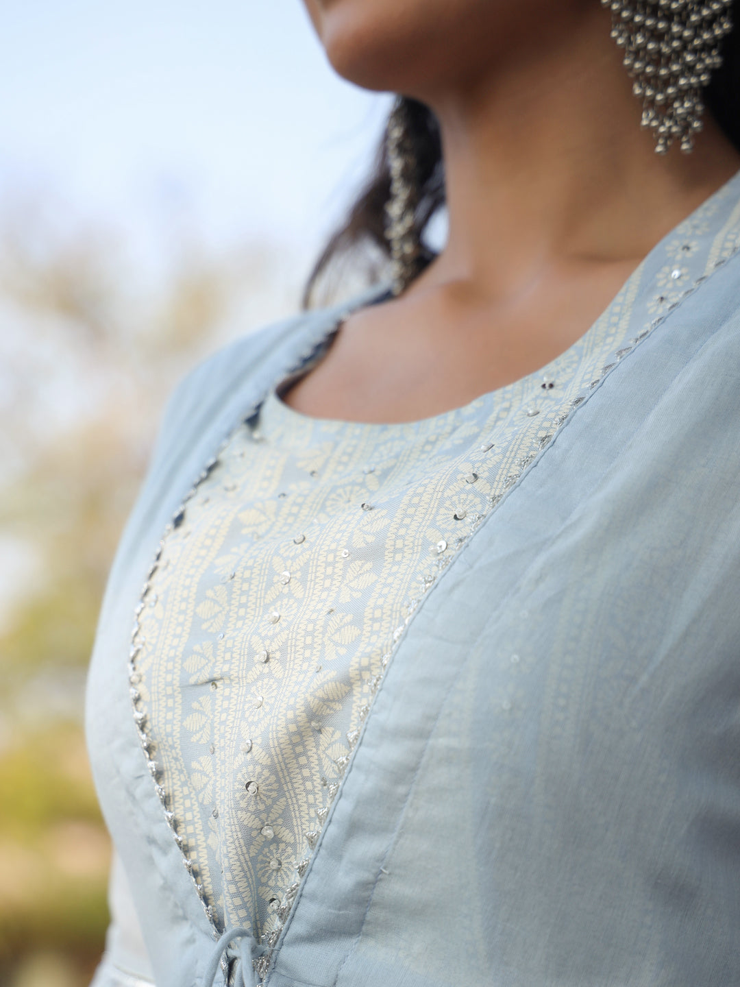 Juniper Powder blue Ethnic Motif printed rayon Crop Top Palazzo & Shrug With Beads & Sequins Work
