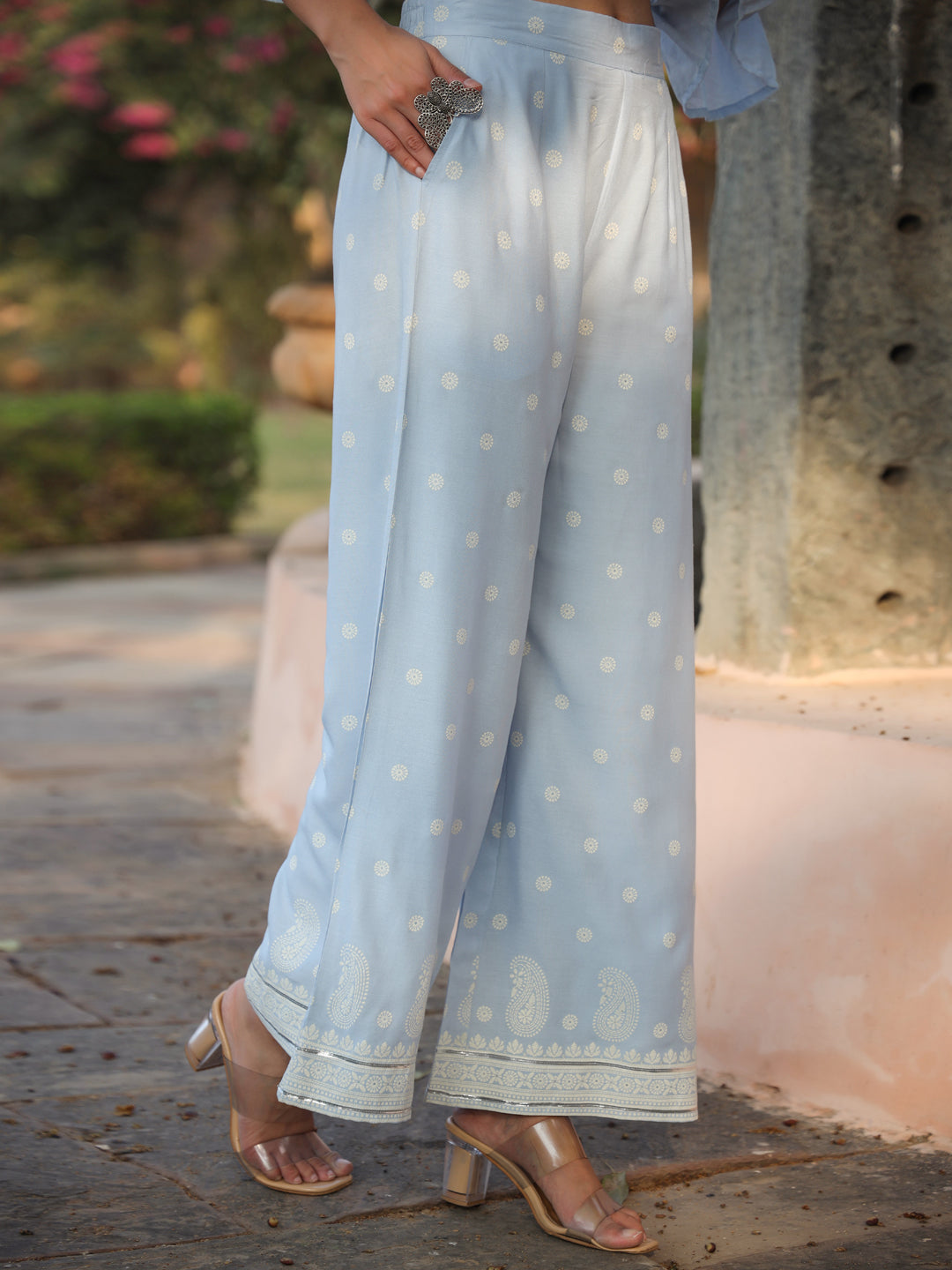 Juniper Powder blue Ethnic Motif printed rayon Crop Top Palazzo & Shrug With Beads & Sequins Work