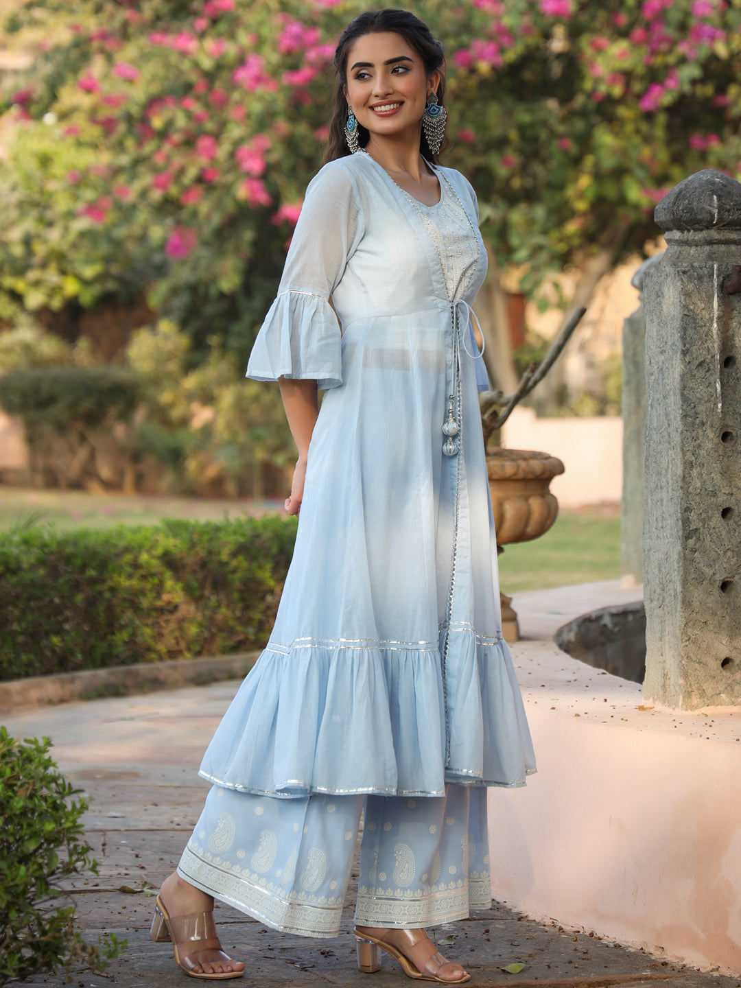 Juniper Powder blue Ethnic Motif printed rayon Crop Top Palazzo & Shrug With Beads & Sequins Work