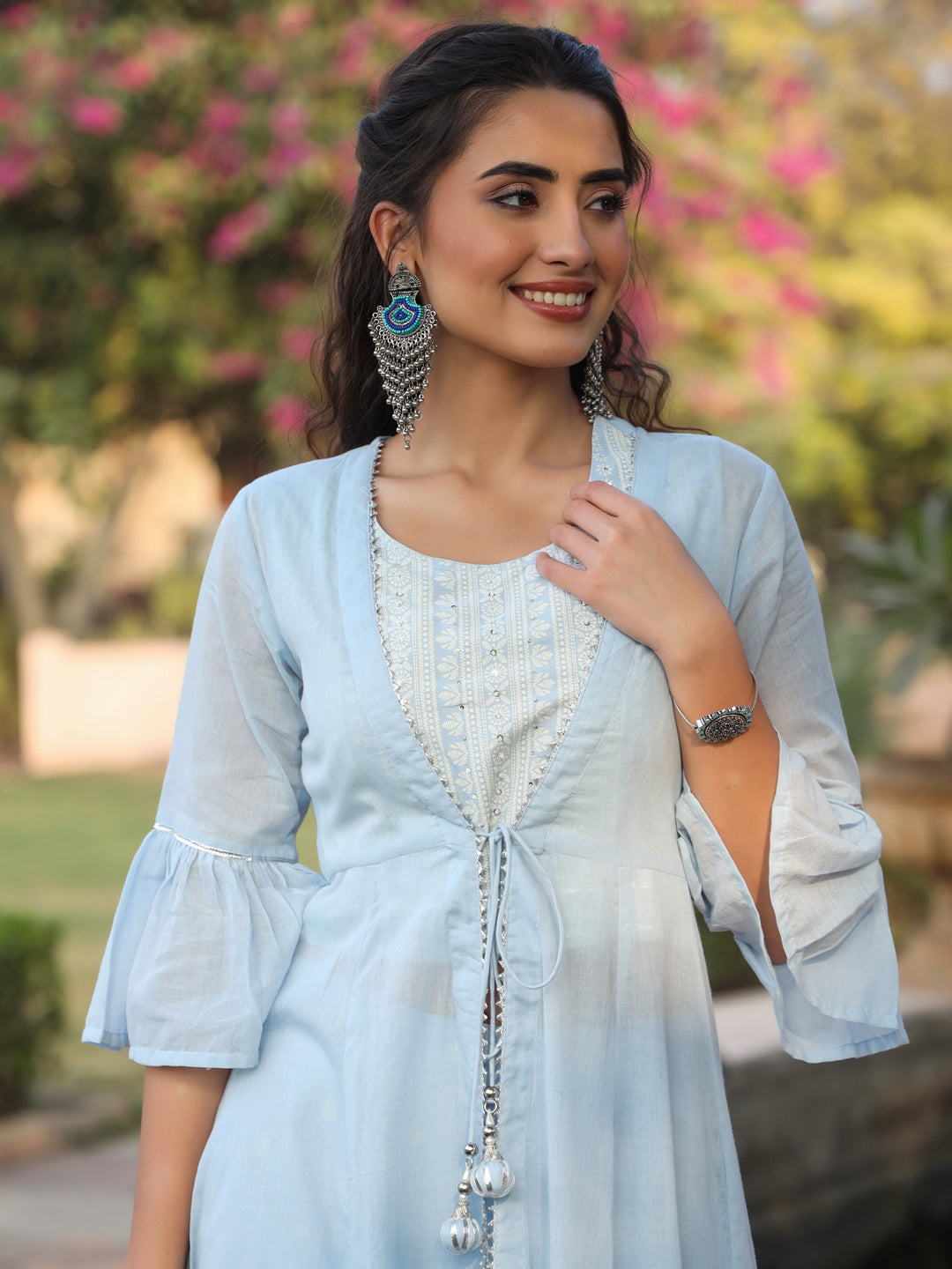 Juniper Powder blue Ethnic Motif printed rayon Crop Top Palazzo & Shrug With Beads & Sequins Work