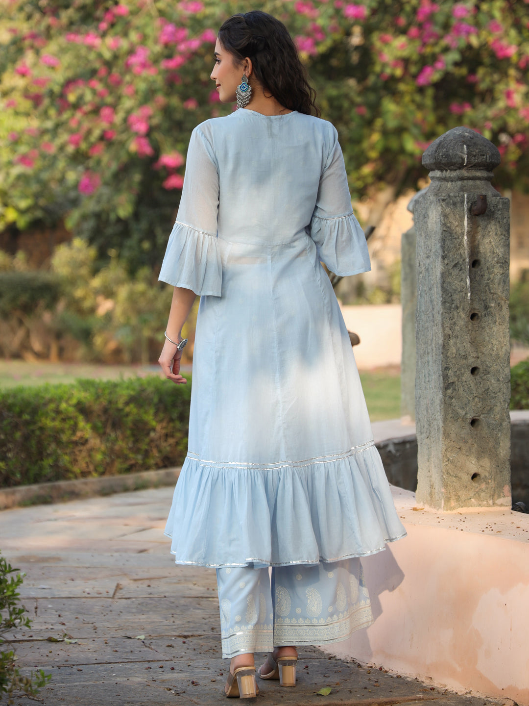 Juniper Powder blue Ethnic Motif printed rayon Crop Top Palazzo & Shrug With Beads & Sequins Work