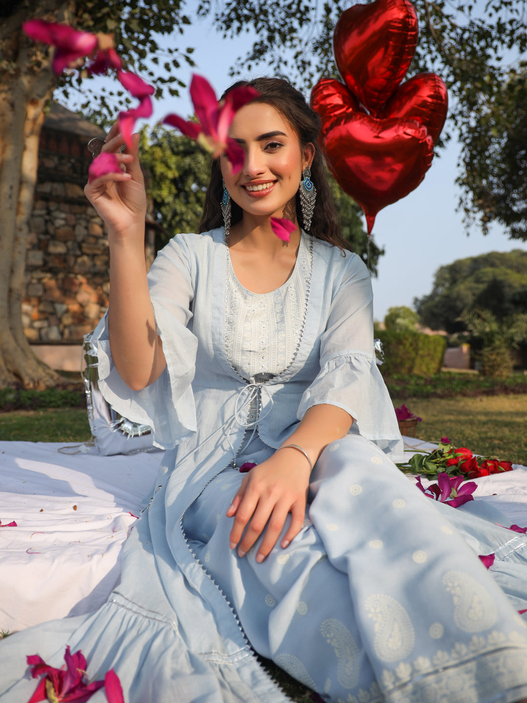 Juniper Powder blue Ethnic Motif printed rayon Crop Top Palazzo & Shrug With Beads & Sequins Work