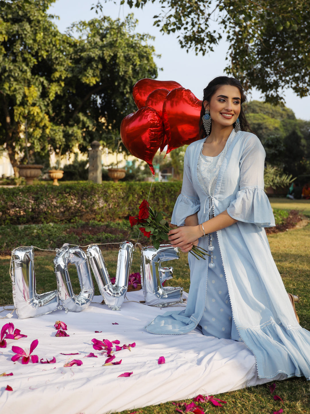 Juniper Powder blue Ethnic Motif printed rayon Crop Top Palazzo & Shrug With Beads & Sequins Work