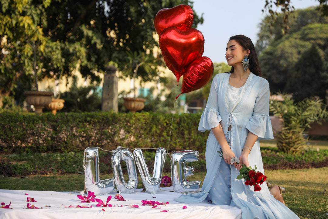 Juniper Powder blue Ethnic Motif printed rayon Crop Top Palazzo & Shrug With Beads & Sequins Work