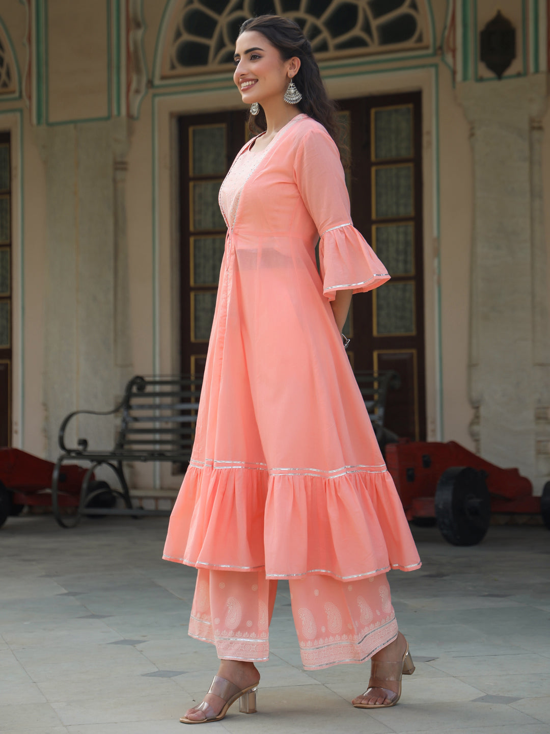 Juniper Peach Ethnic Motif Printed Rayon Crop Top Palazzo & Shrug With Beads & Sequins Work