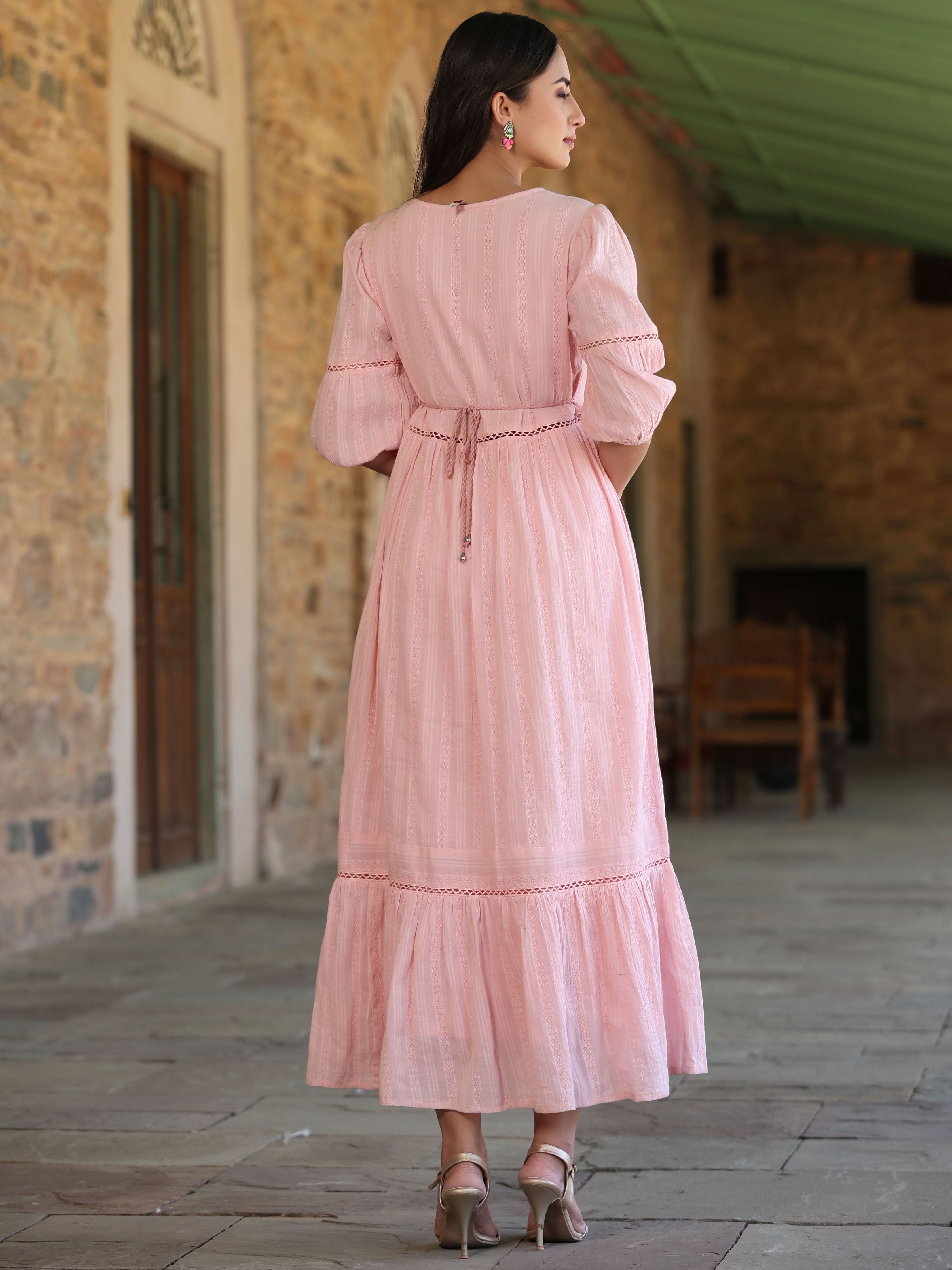 Juniper Pink Floral Printed Tiered Cotton Dobby Maxi Dress With Thread Embroidery
