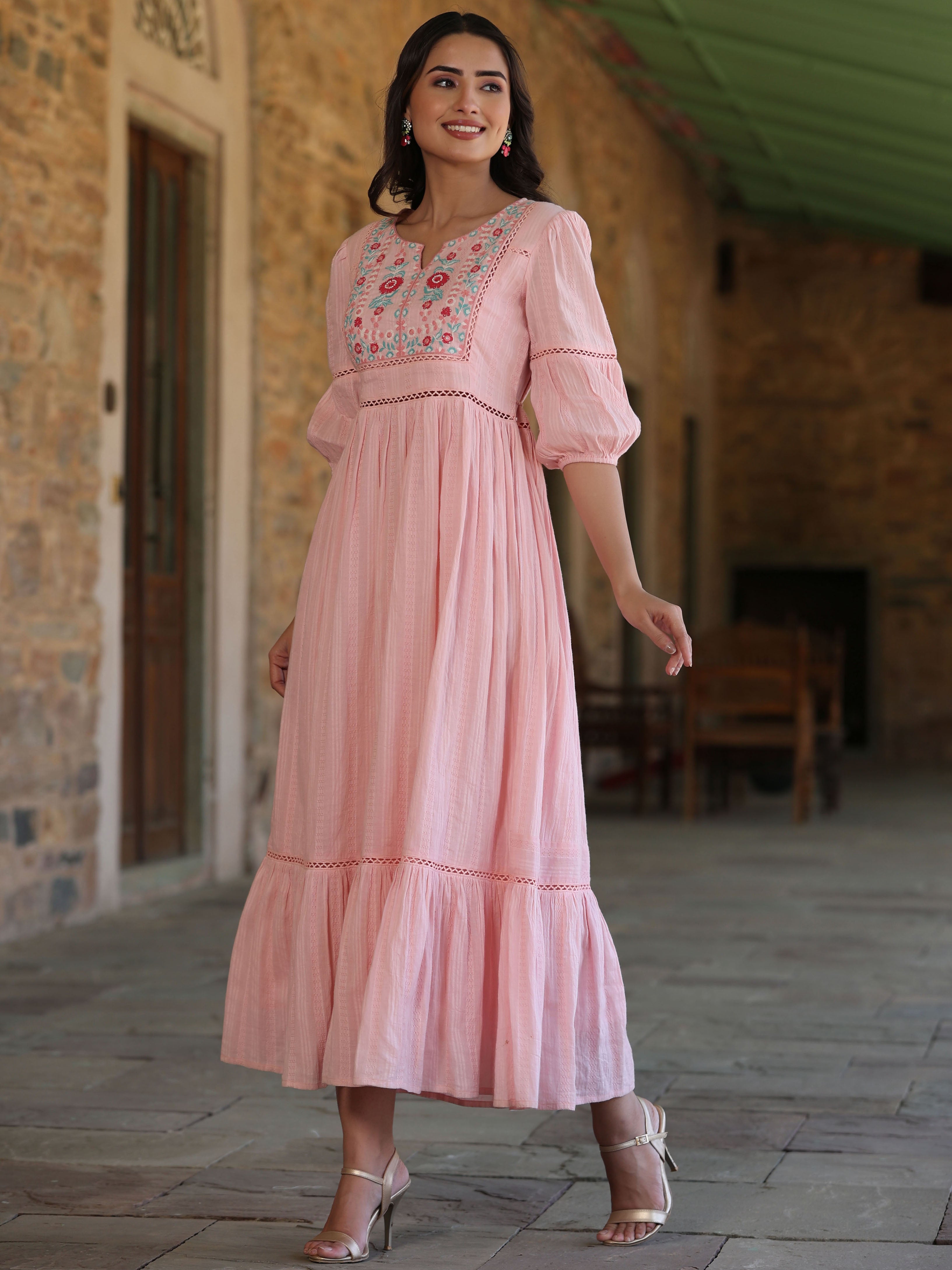 Juniper Pink Floral Printed Tiered Cotton Dobby Maxi Dress With Thread Embroidery
