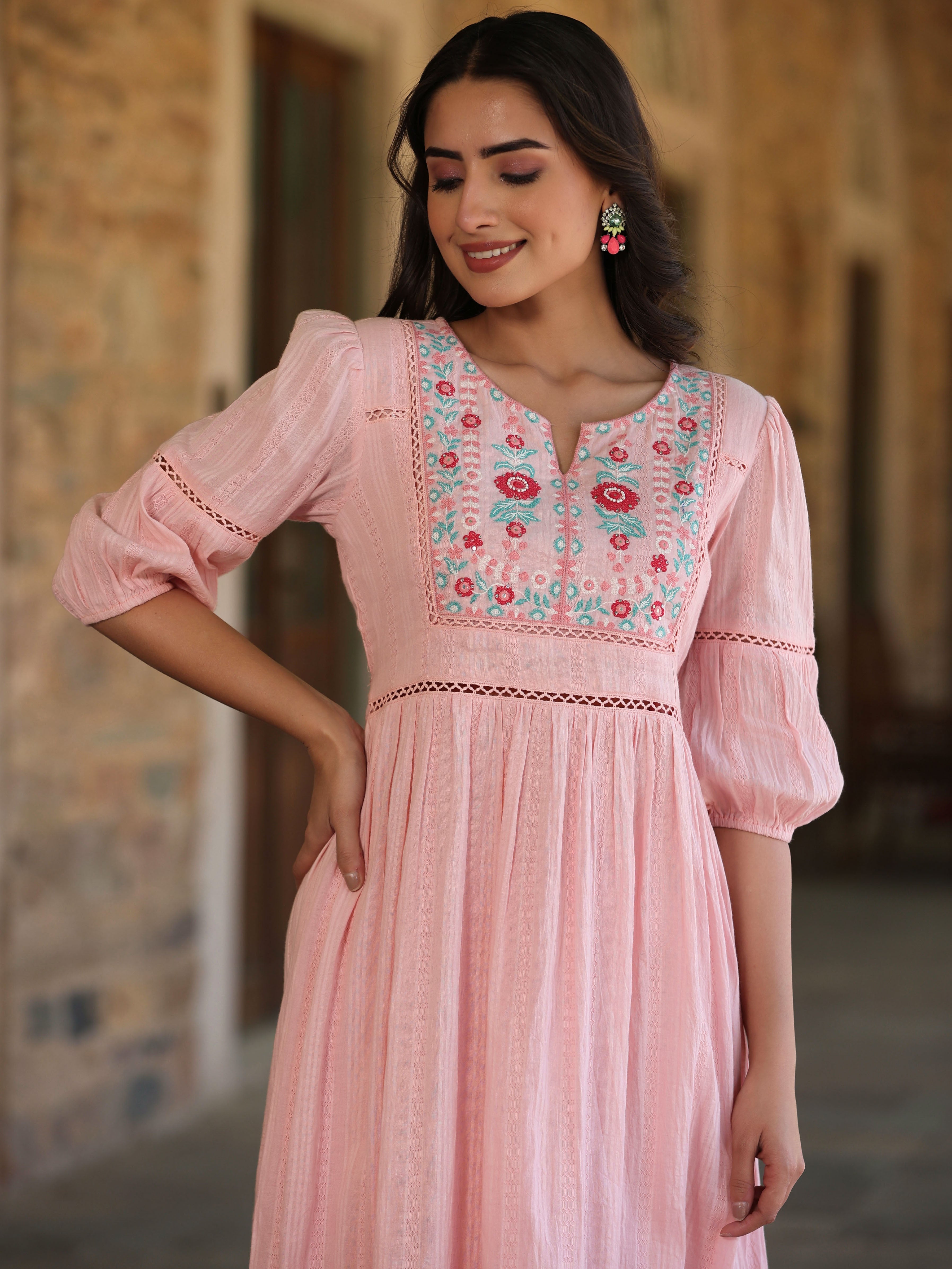 Juniper Pink Floral Printed Tiered Cotton Dobby Maxi Dress With Thread Embroidery