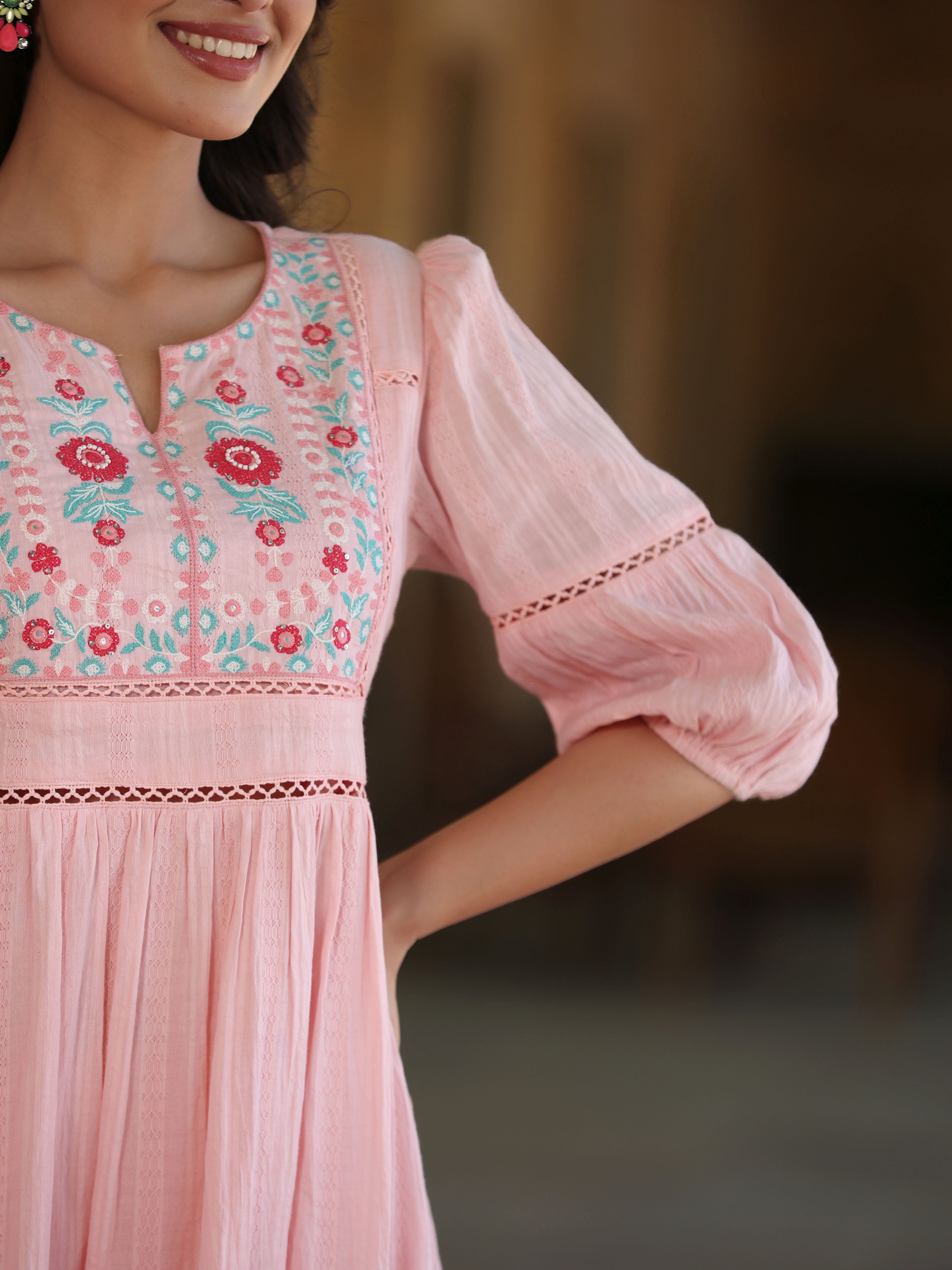 Juniper Pink Floral Printed Tiered Cotton Dobby Maxi Dress With Thread Embroidery