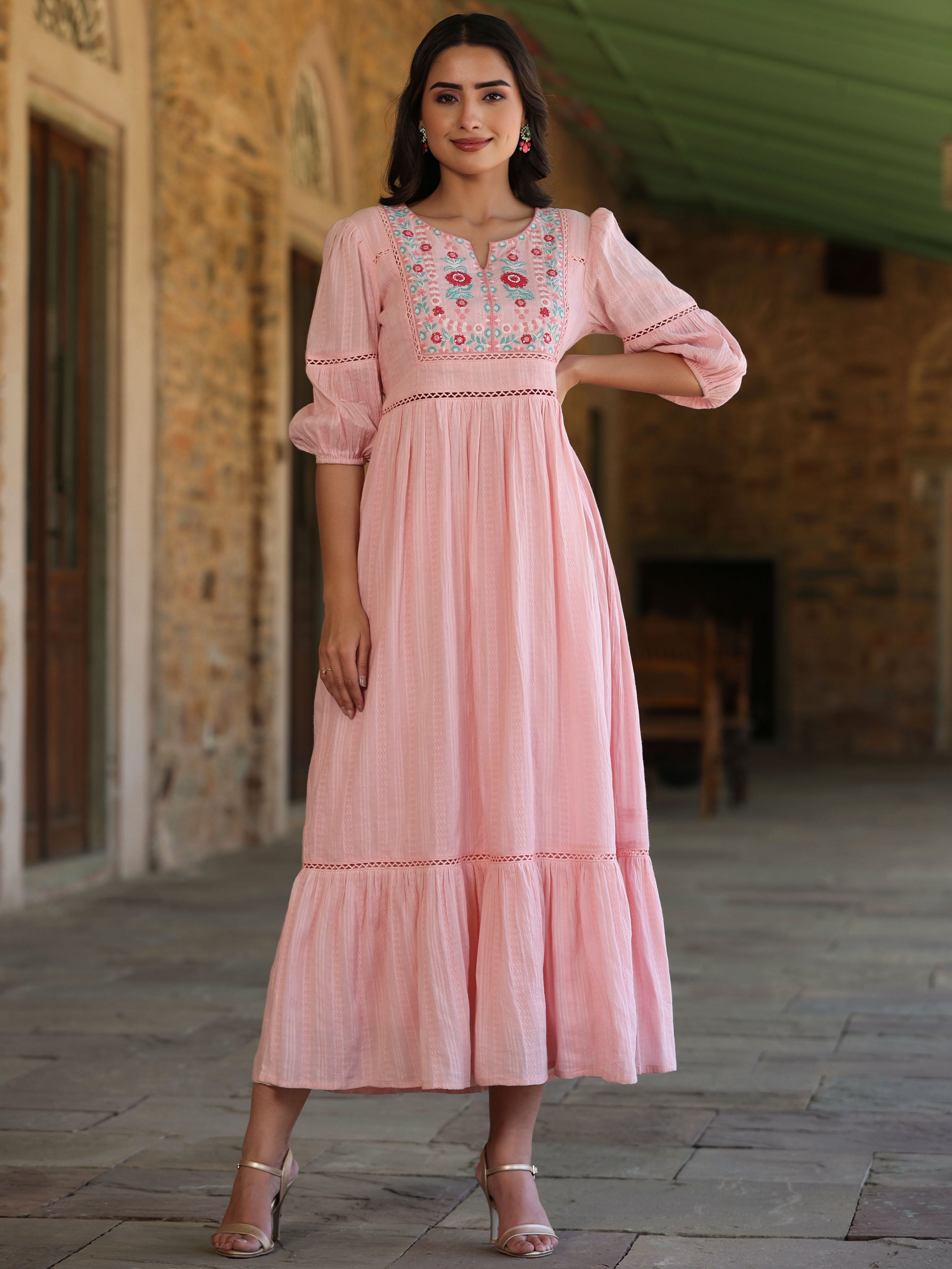 Juniper Pink Floral Printed Tiered Cotton Dobby Maxi Dress With Thread Embroidery