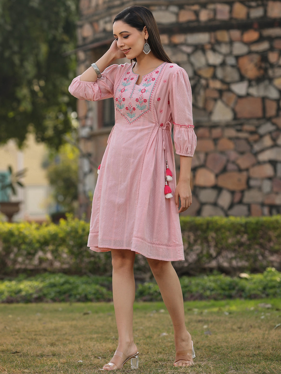 Juniper Pink Floral Printed Cotton Dobby Flared Short Dress With Thread Embroidery