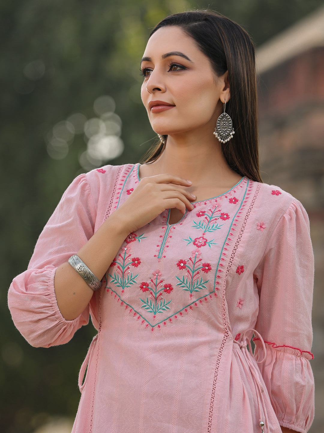 Juniper Pink Floral Printed Cotton Dobby Flared Short Dress With Thread Embroidery