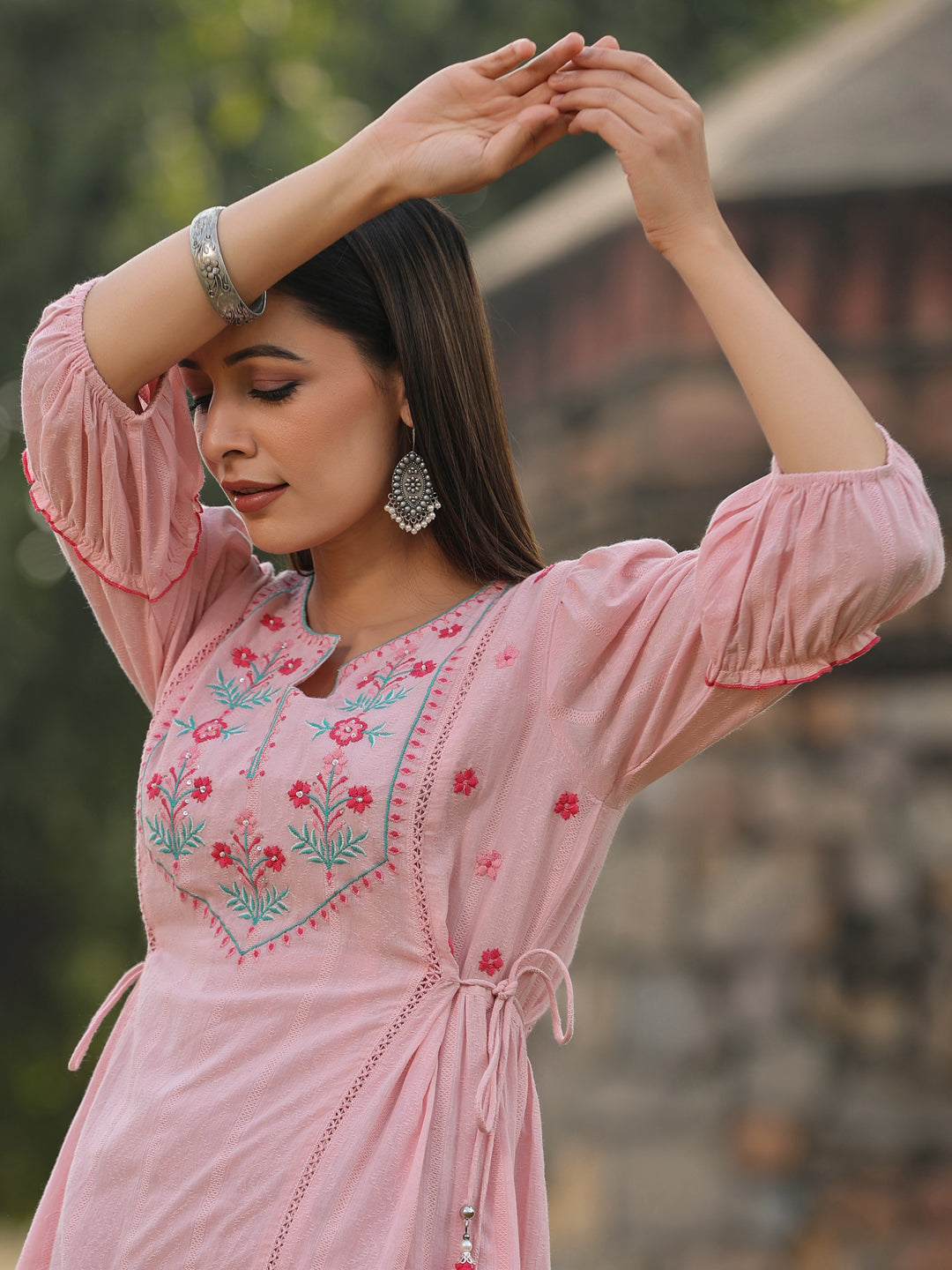 Juniper Pink Floral Printed Cotton Dobby Flared Short Dress With Thread Embroidery