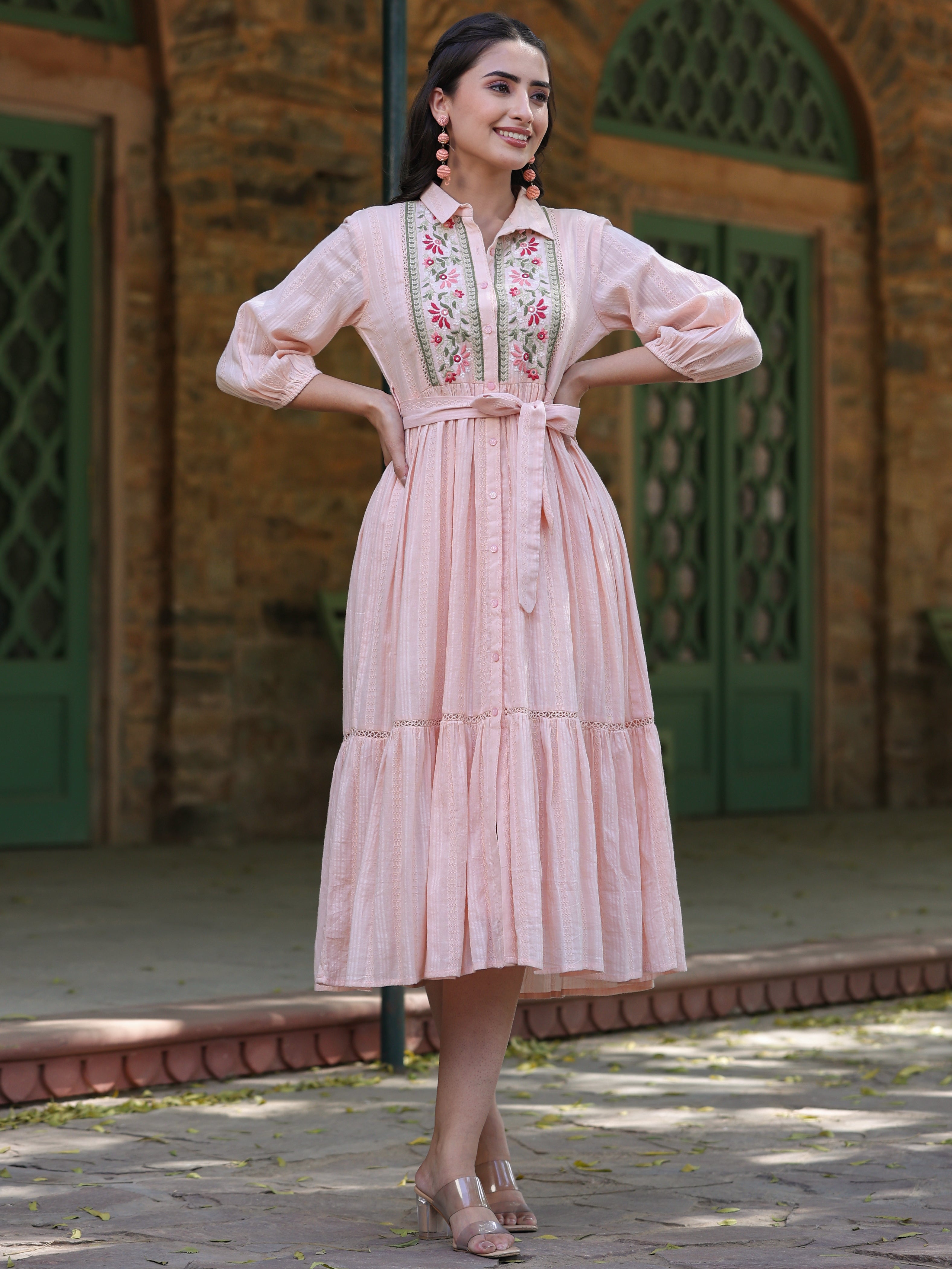 Juniper Peach Embroidered Cotton Dobby Shirt Midi Dress