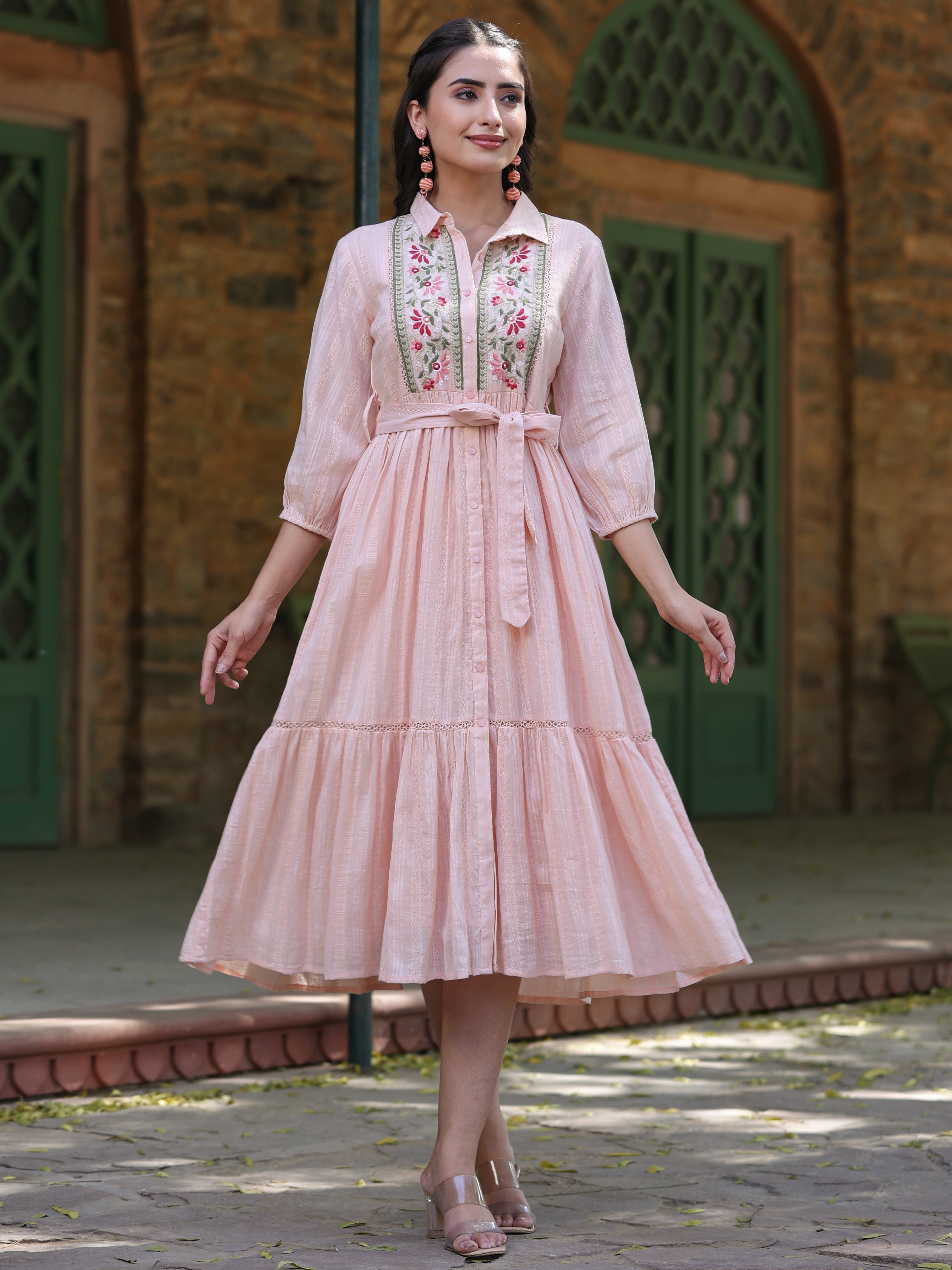 Juniper Peach Embroidered Cotton Dobby Shirt Midi Dress