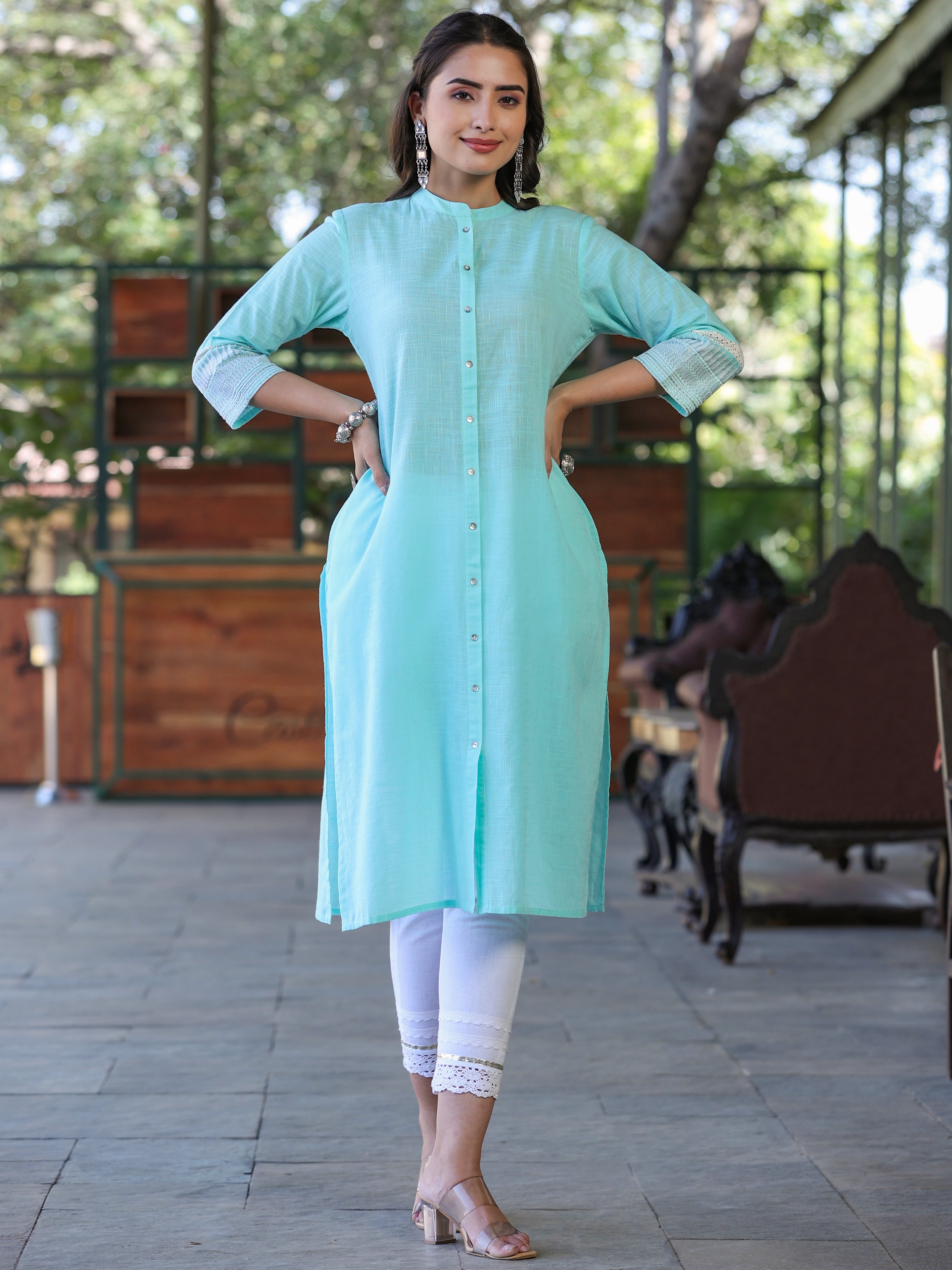 Juniper Sea Green Solid Cotton Slub Kurta With Buttons