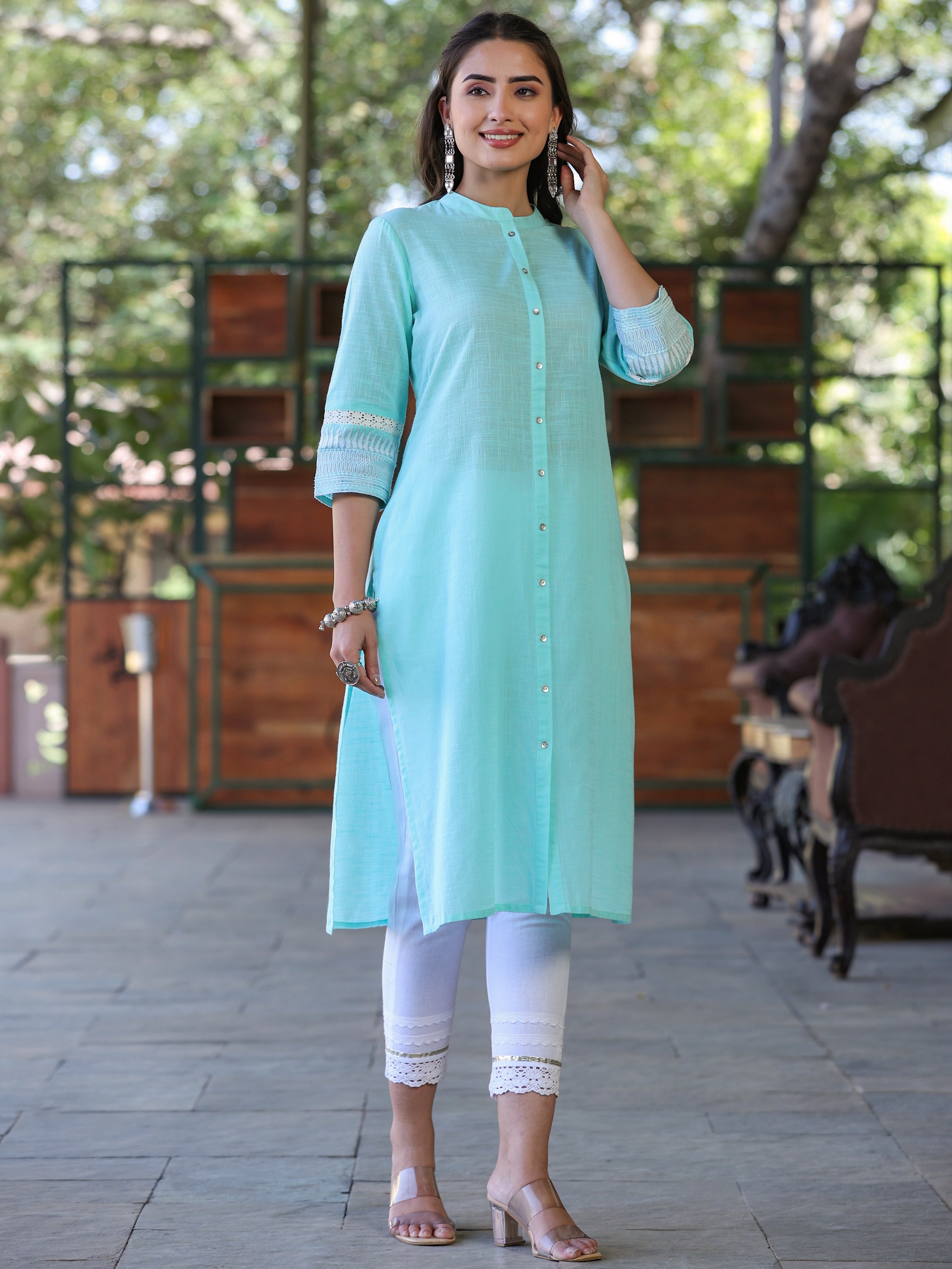 Juniper Sea Green Solid Cotton Slub Kurta With Buttons