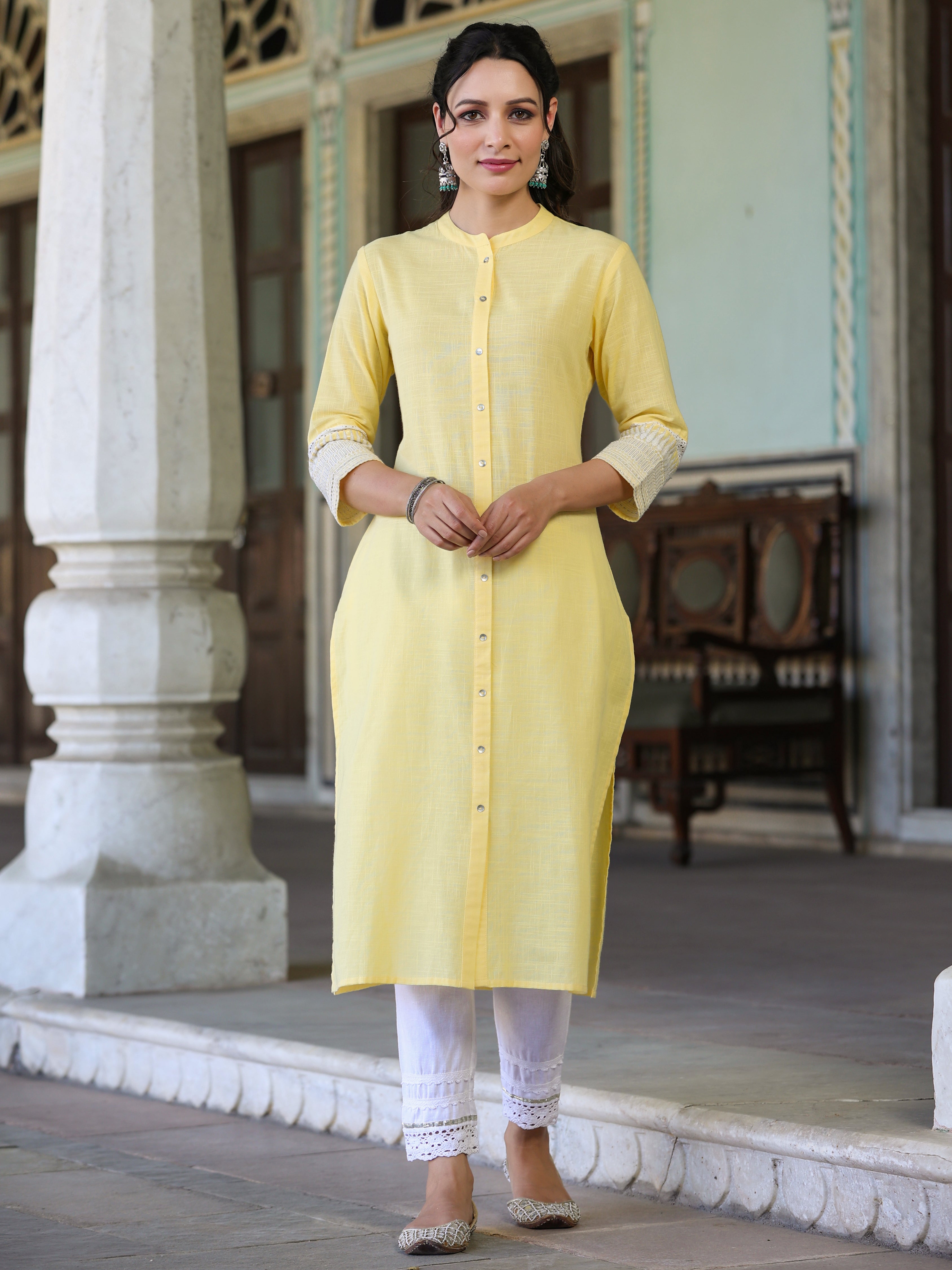 Juniper Yellow Ethnic Motif Printed Cotton Slub Straight Kurta With Lace & Zari Work