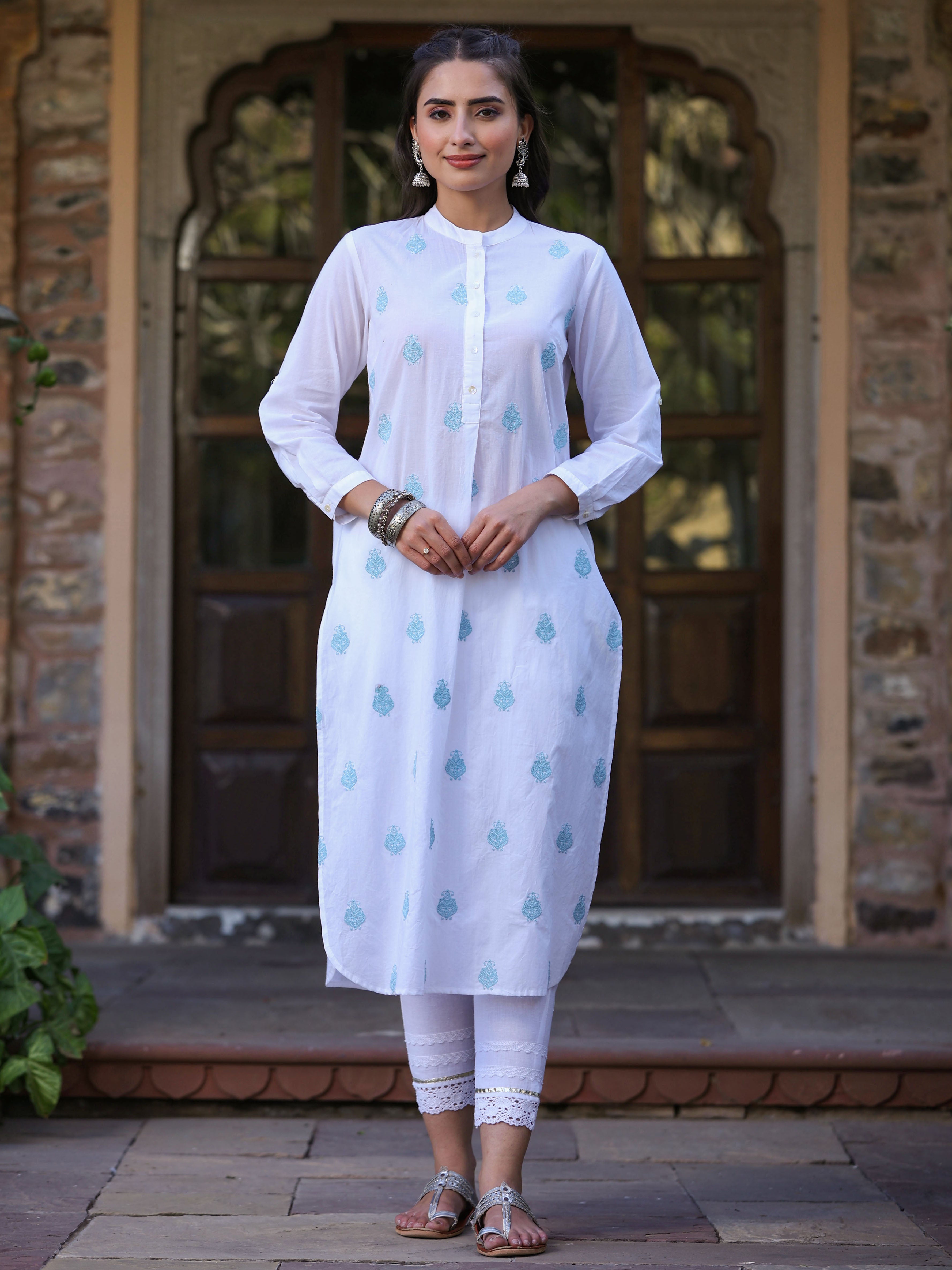 Juniper White Ethnic Motif Printed Pure Cotton Straight Kurta With Thread Embroidery