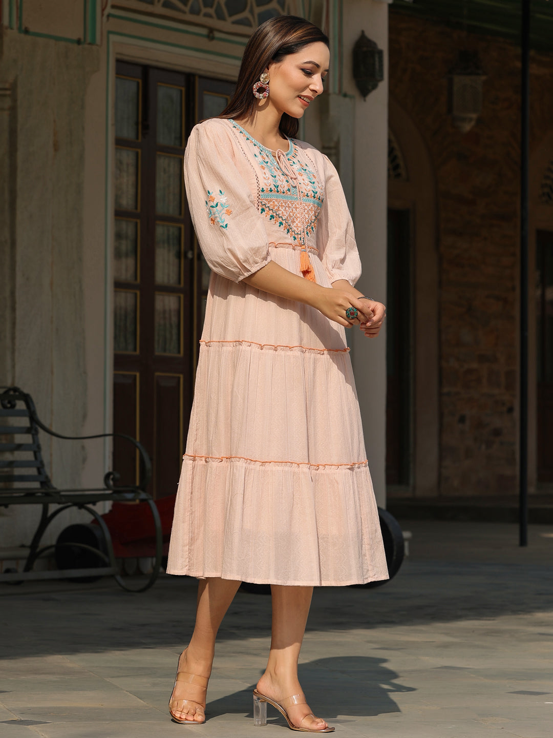 Juniper Peach Ethnic Motif Printed Cotton Dobby Tiered Dress With Thread Embroidery
