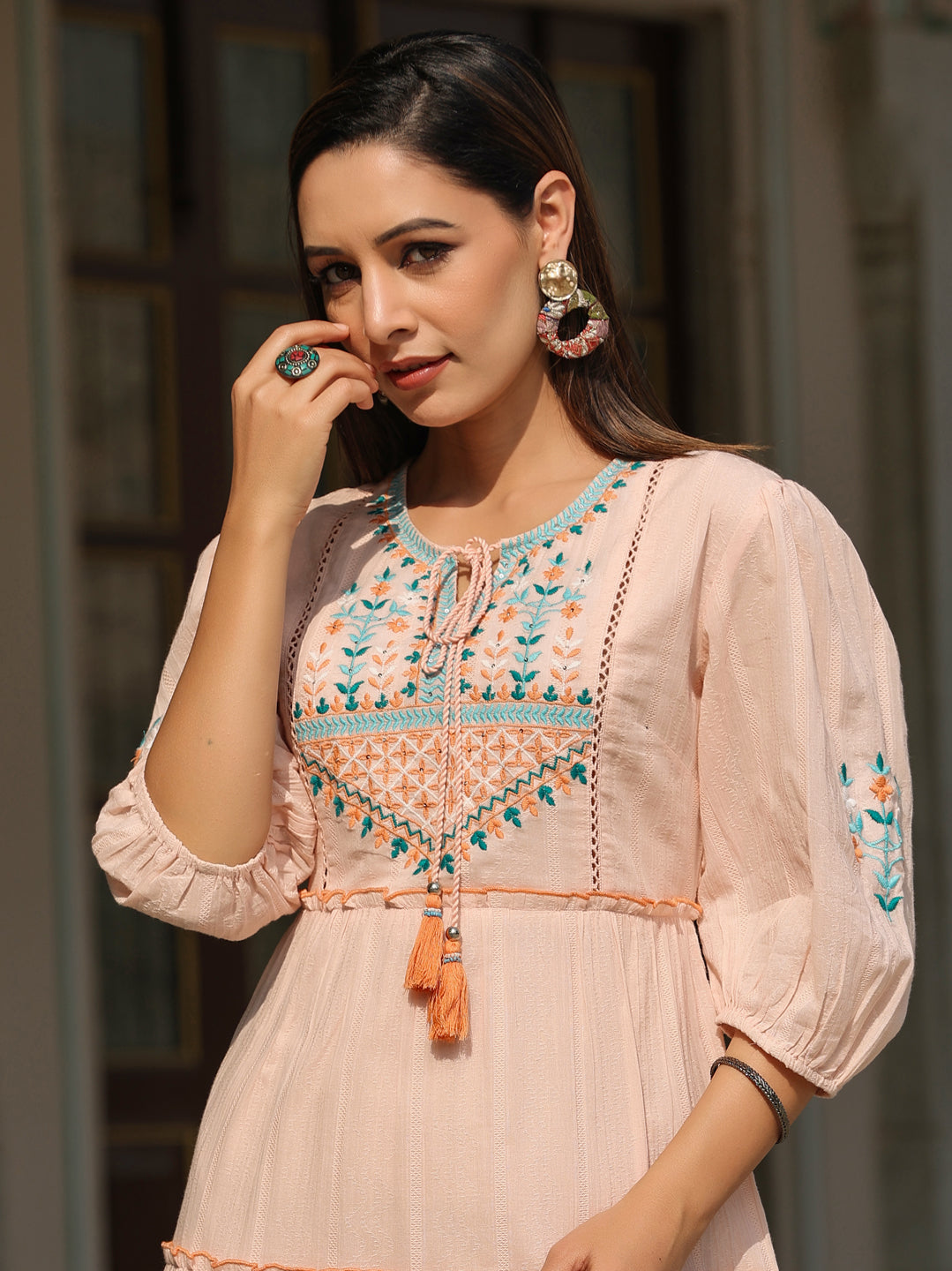 Juniper Peach Ethnic Motif Printed Cotton Dobby Tiered Dress With Thread Embroidery