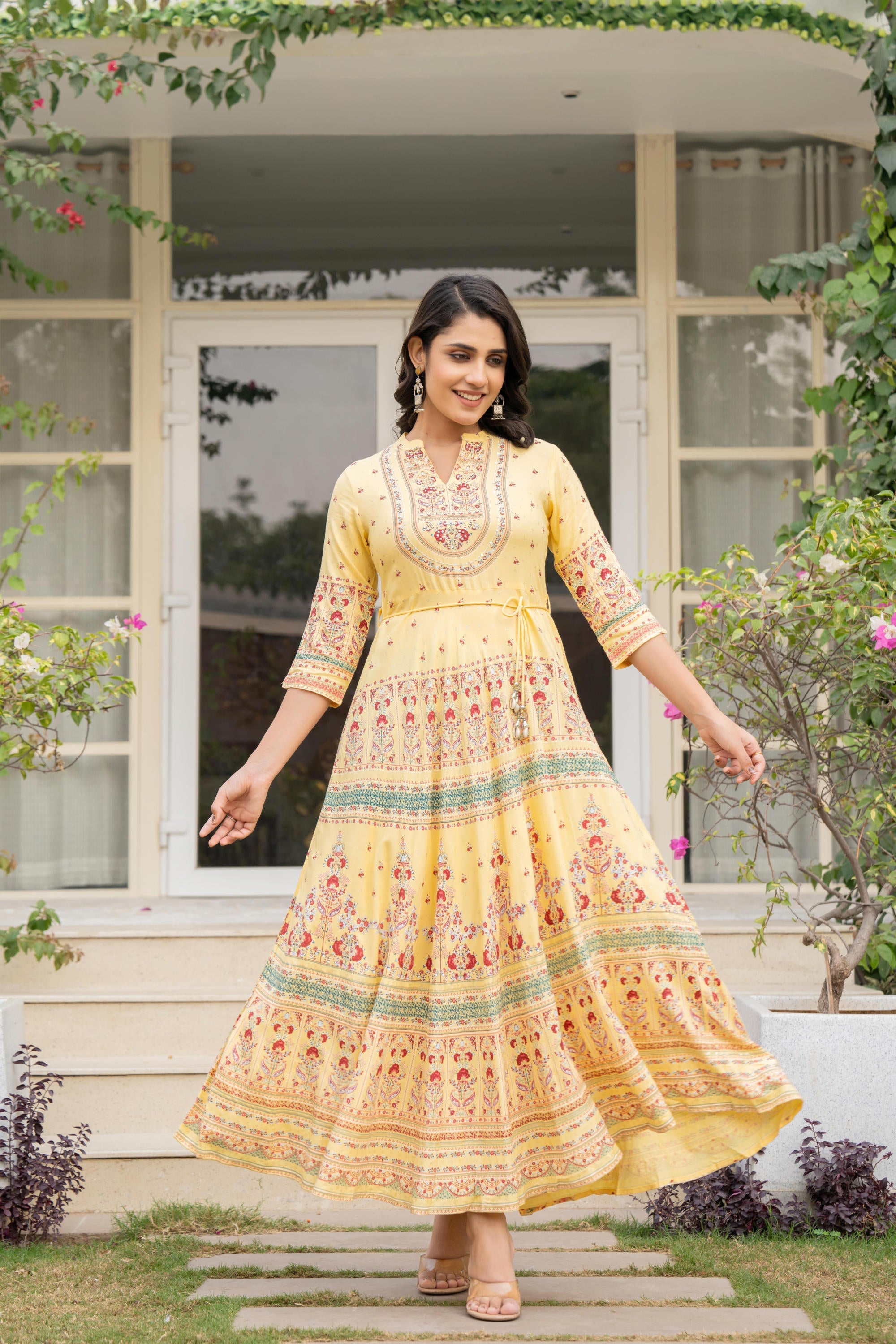 Yellow Ethnic Motif Printed Liva RayonDress With Dori & Kaudis