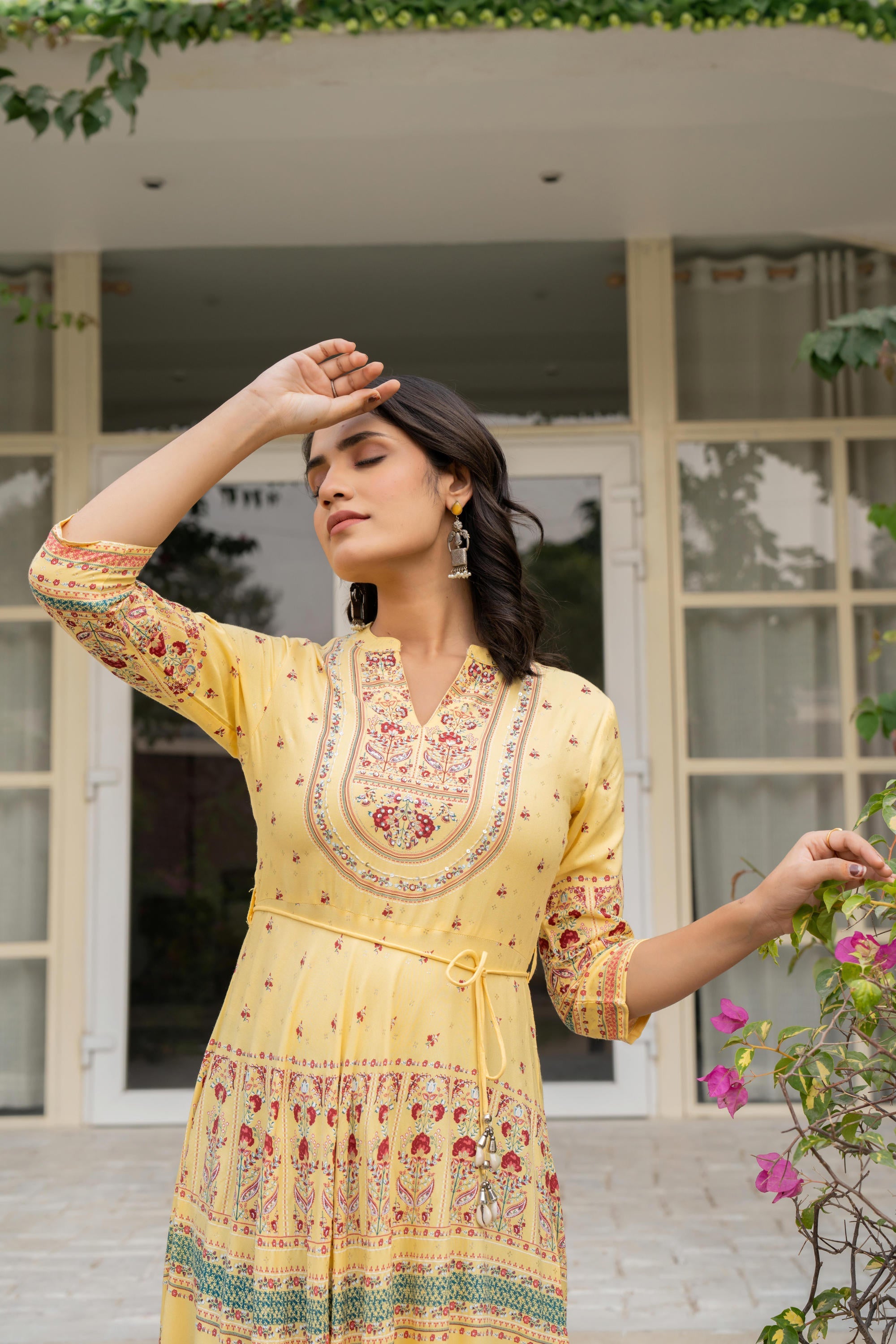 Yellow Ethnic Motif Printed Liva RayonDress With Dori & Kaudis