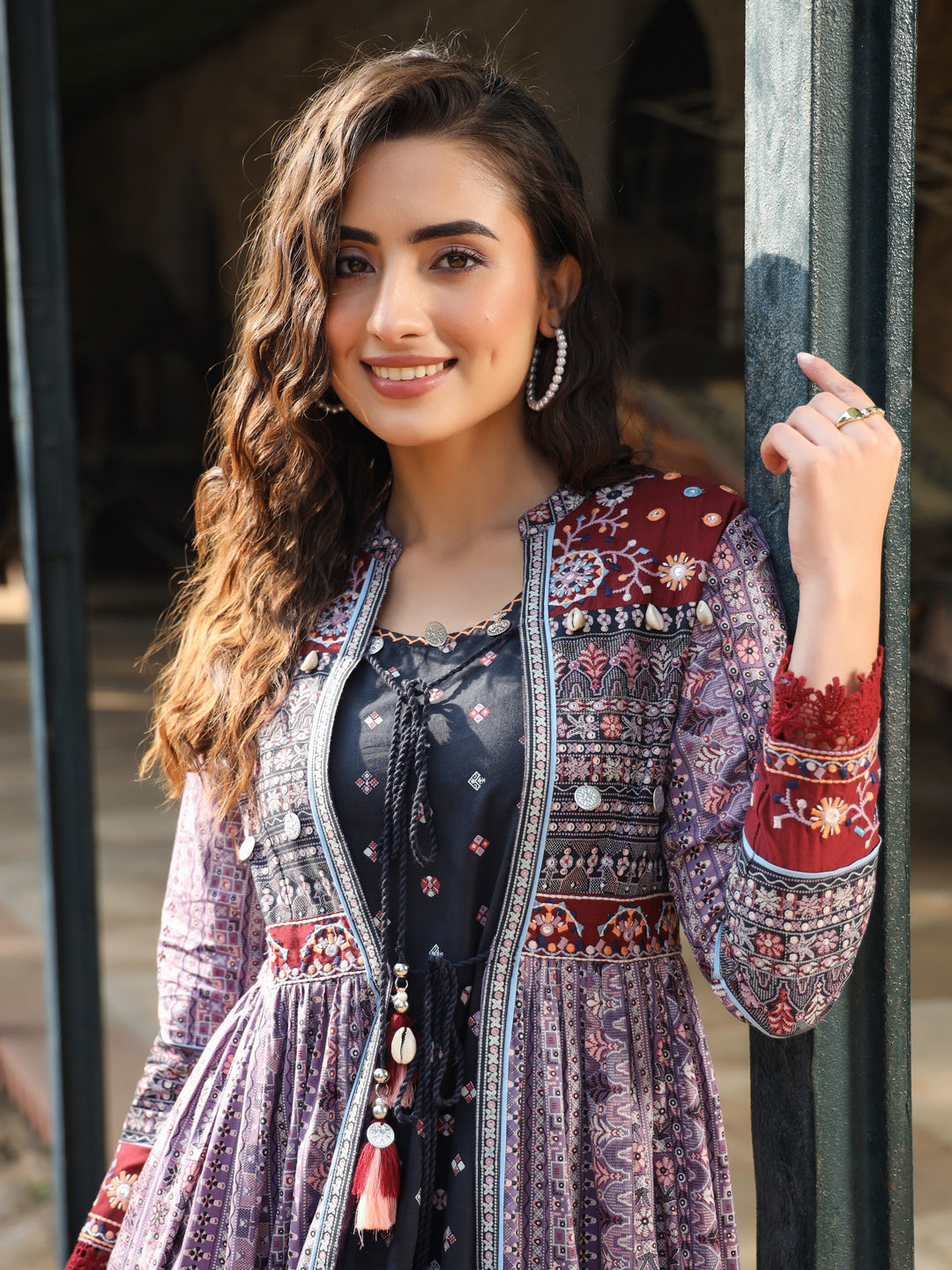 Juniper Women Lavender Cotton Cambric Tribal Printed Maxi Dress with Jacket