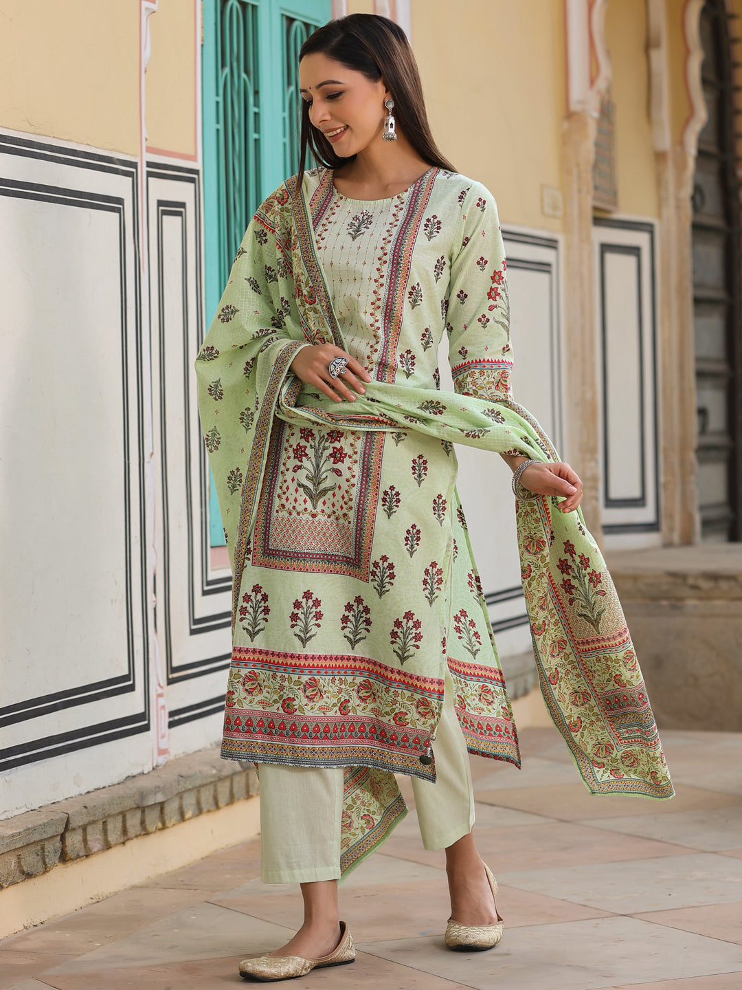 Juniper Lime Green Ethnic Motif Print Pure Cotton Kurta, Pants & Kota Doria Dupatta Set With beads & Sequins