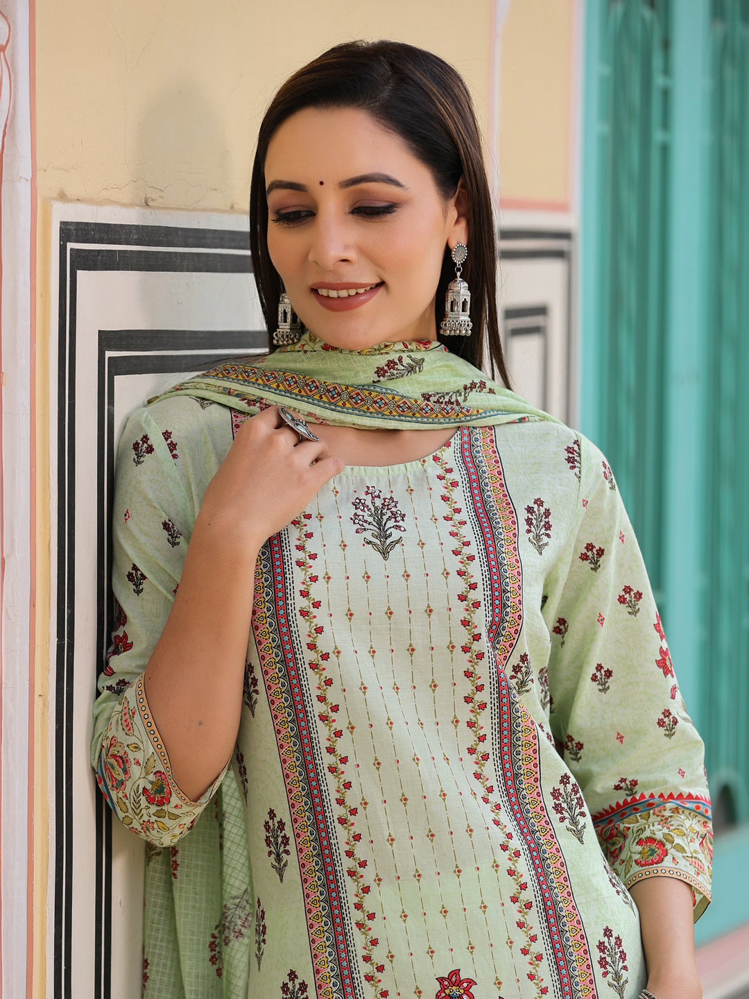 Juniper Lime Green Ethnic Motif Print Pure Cotton Kurta, Pants & Kota Doria Dupatta Set With beads & Sequins