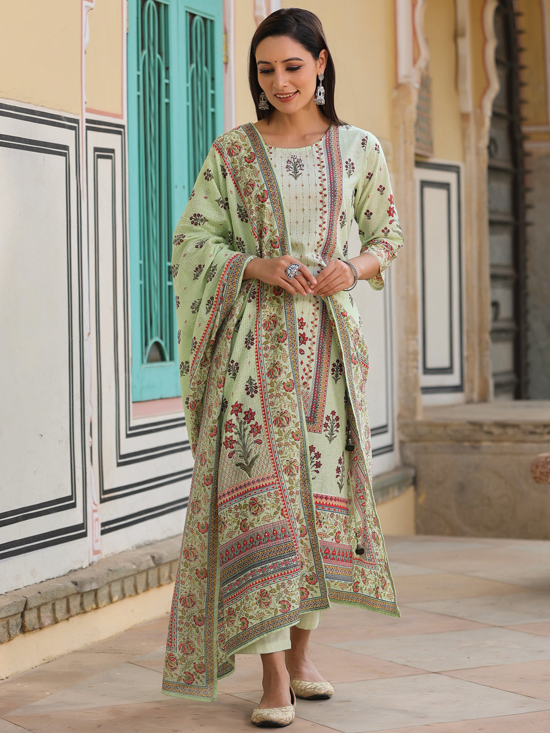 Juniper Lime Green Ethnic Motif Print Pure Cotton Kurta, Pants & Kota Doria Dupatta Set With beads & Sequins