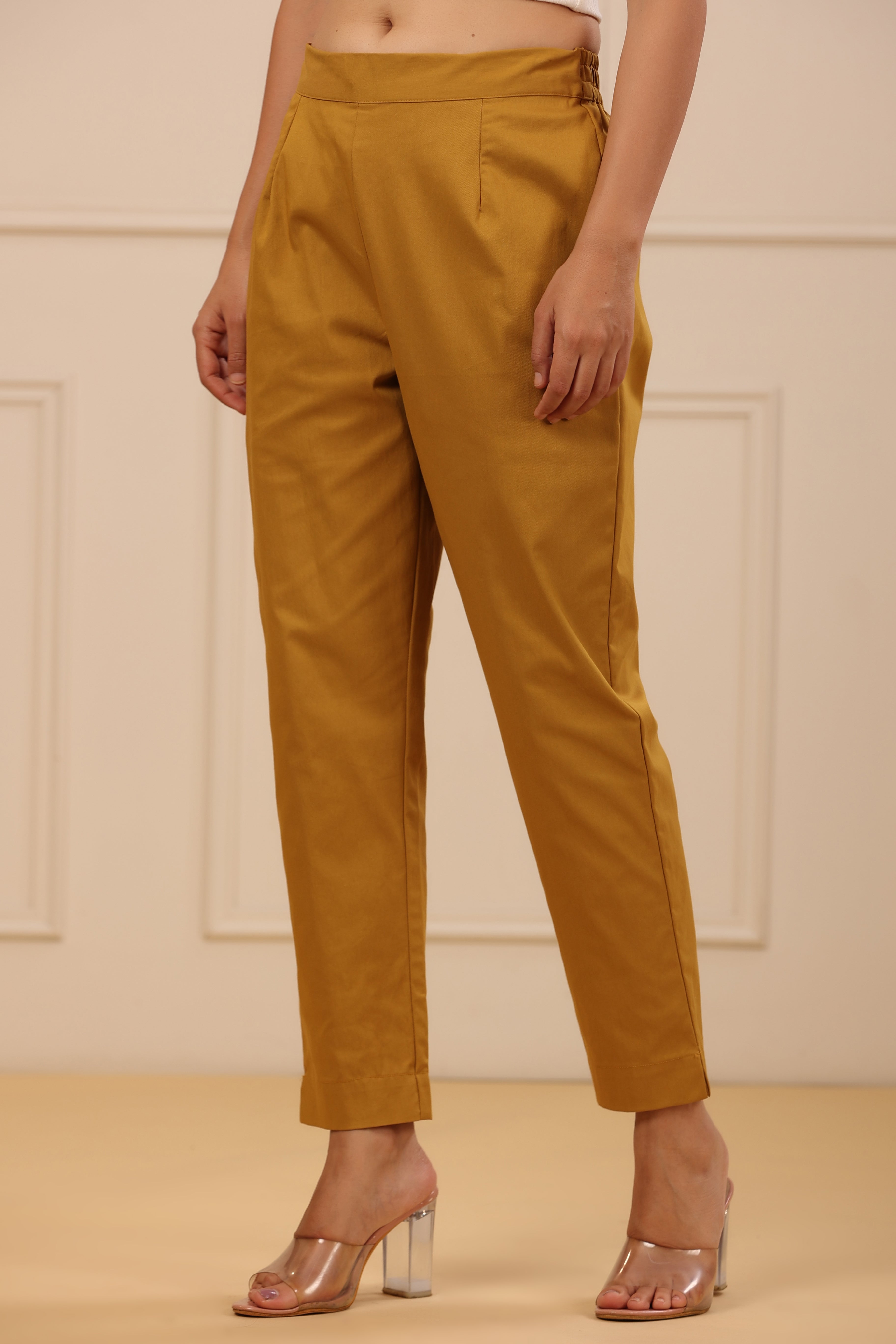 Juniper Mustard Spendex Solid Slim Fit Pants With Partially Elasticated Waistband
