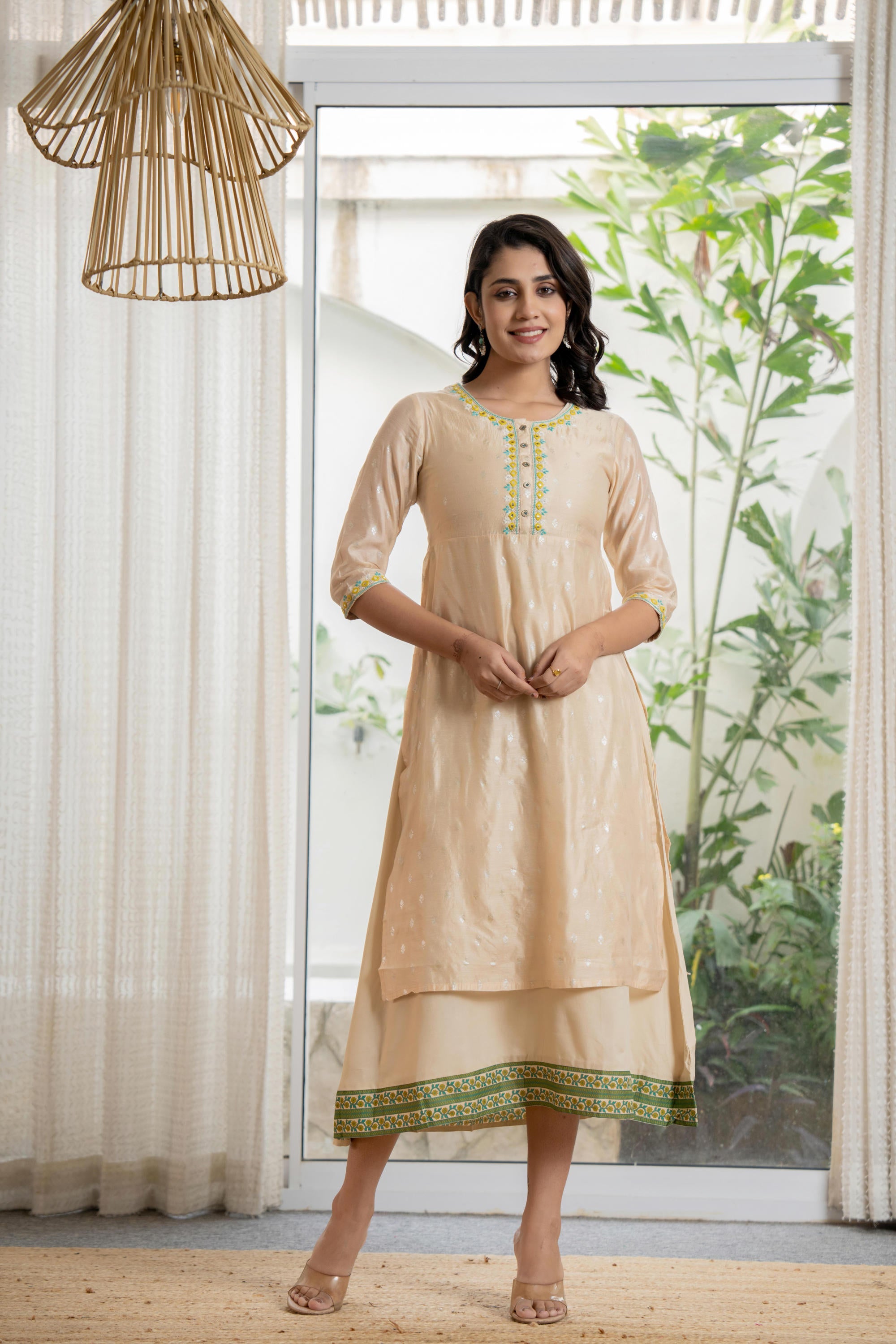 Beige Soild Chanderi Dress & inner With Thread & Mirror Work