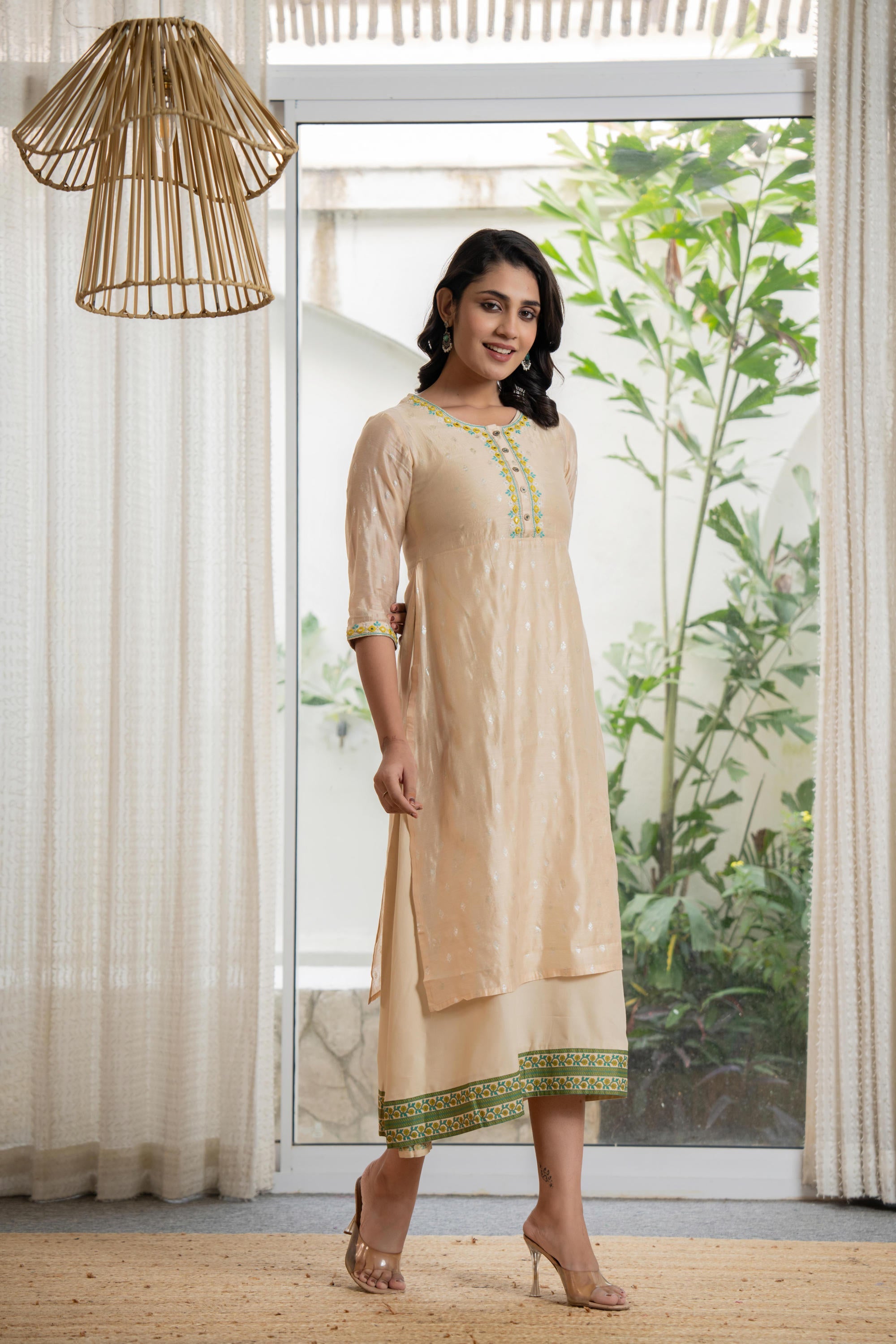 Beige Soild Chanderi Dress & inner With Thread & Mirror Work