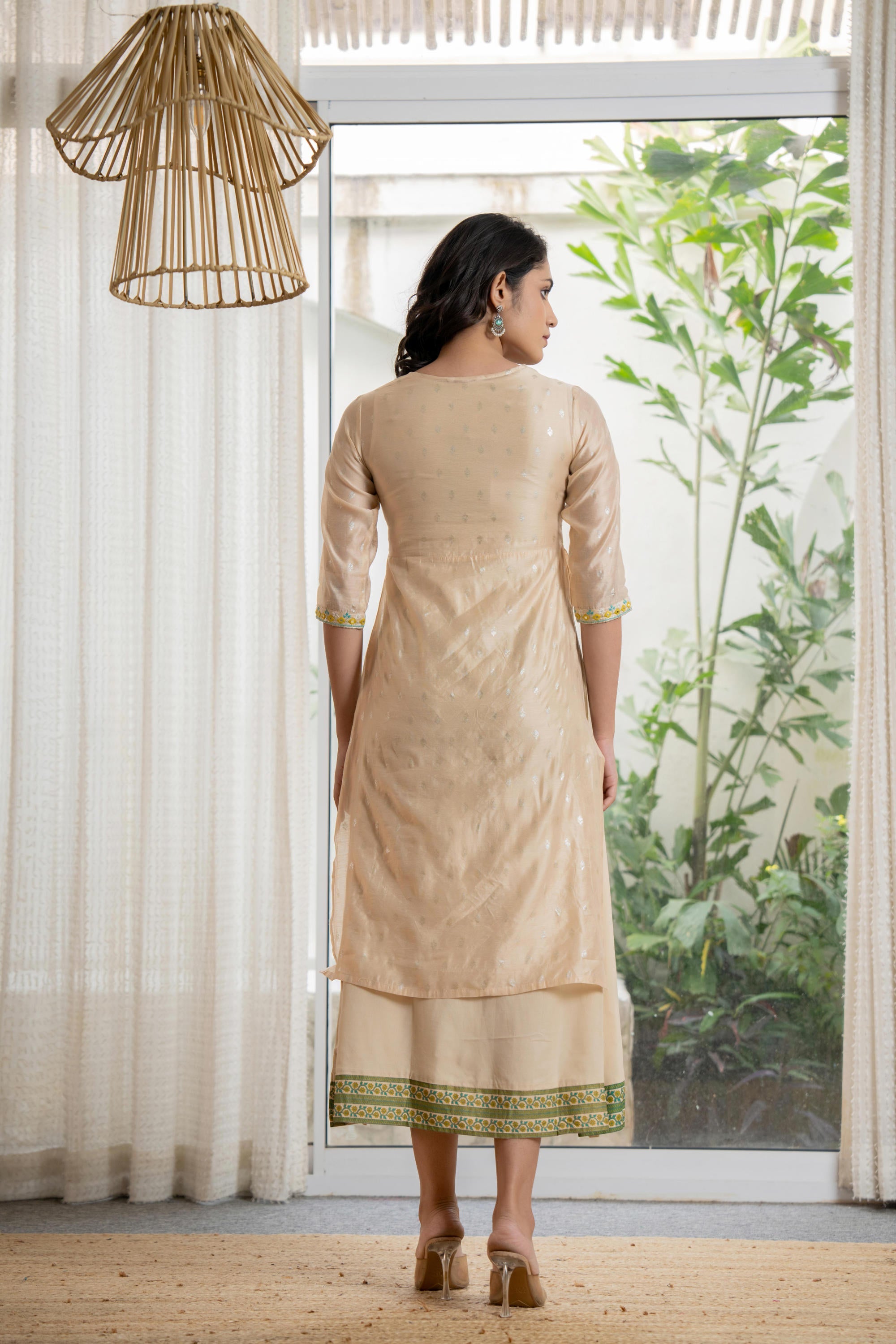 Beige Soild Chanderi Dress & inner With Thread & Mirror Work