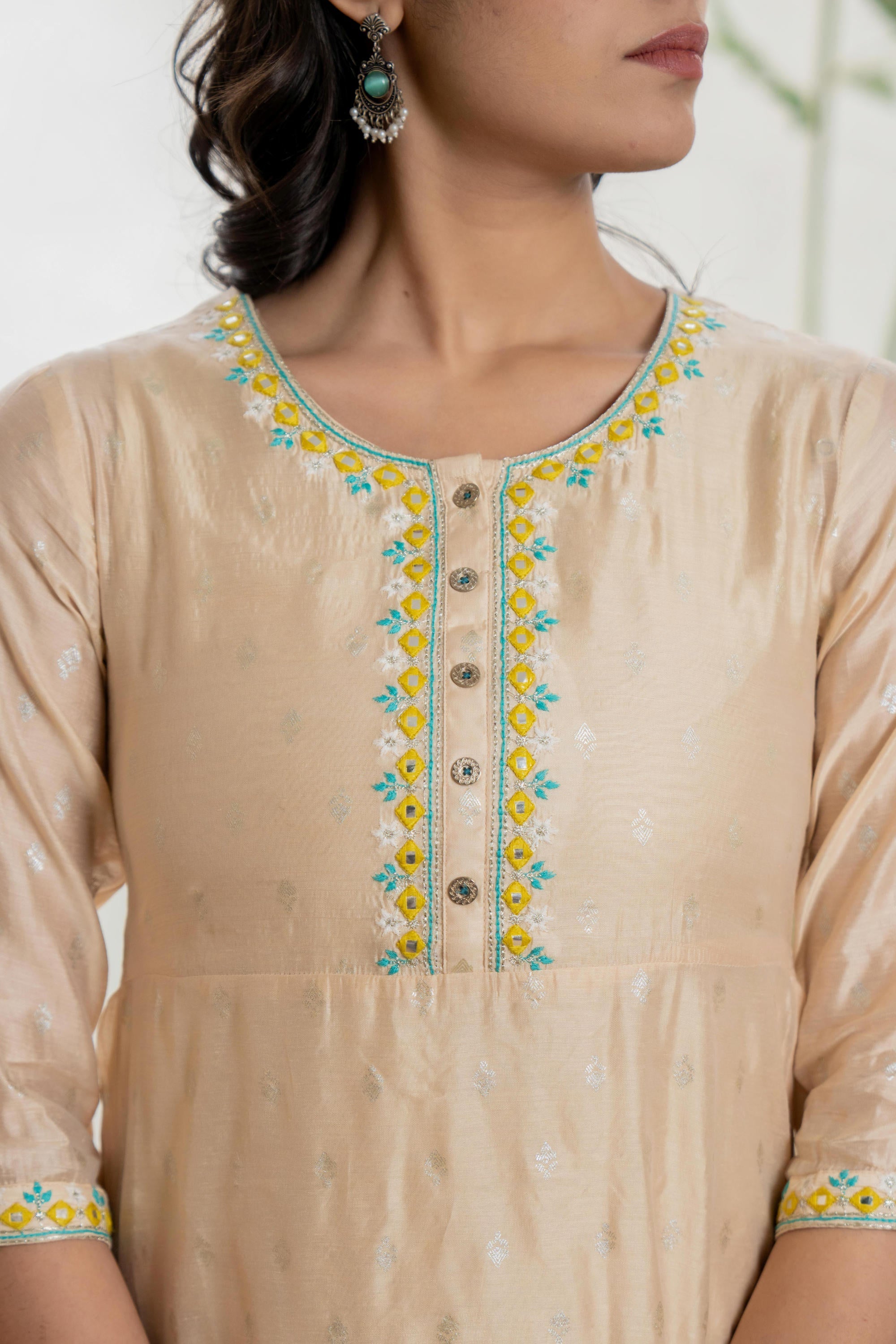 Beige Soild Chanderi Dress & inner With Thread & Mirror Work