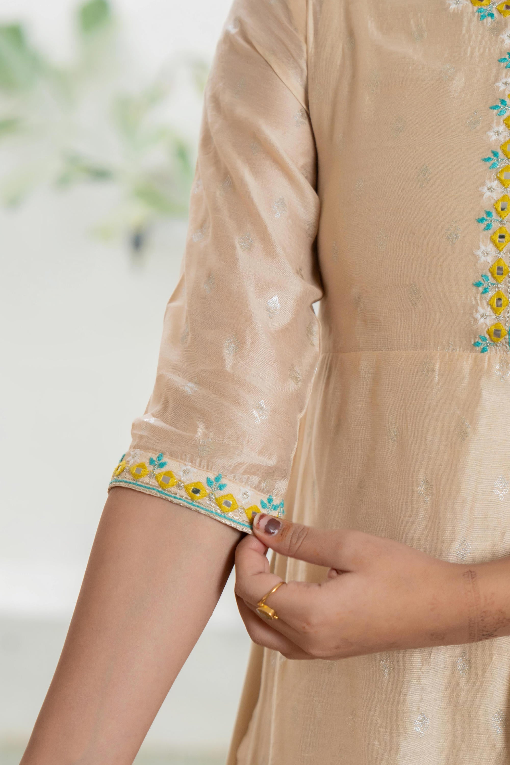 Beige Soild Chanderi Dress & inner With Thread & Mirror Work