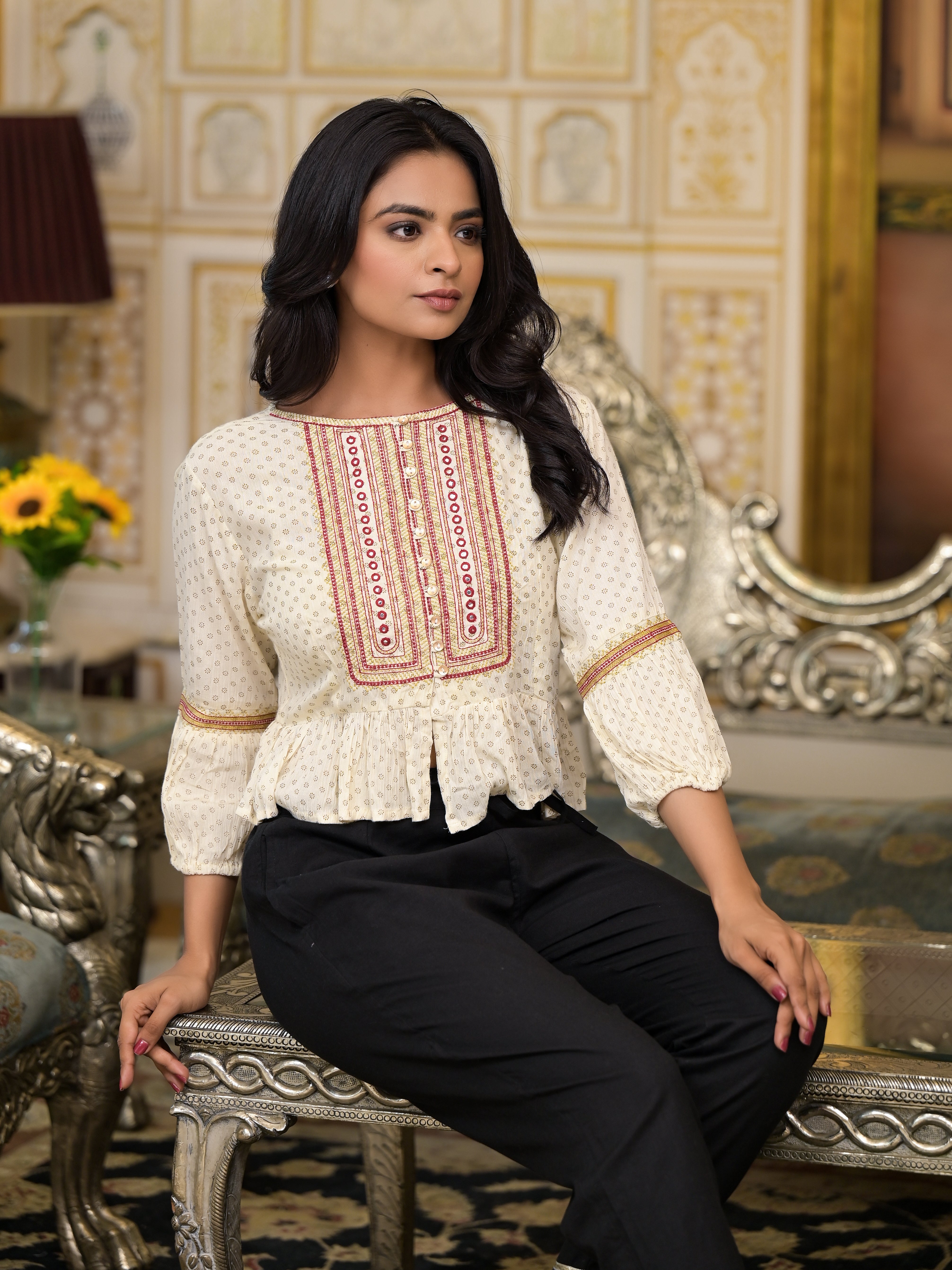 Ivory Ethnic Motif Printed Liva Rayon Top With Zari Thread Work & Buttons
