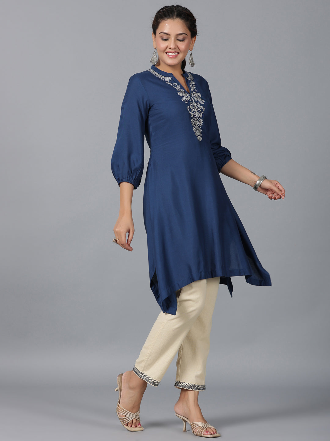 Juniper Women Navy Blue LIVA Embroidered Asymmetric Kurta & Pants Set