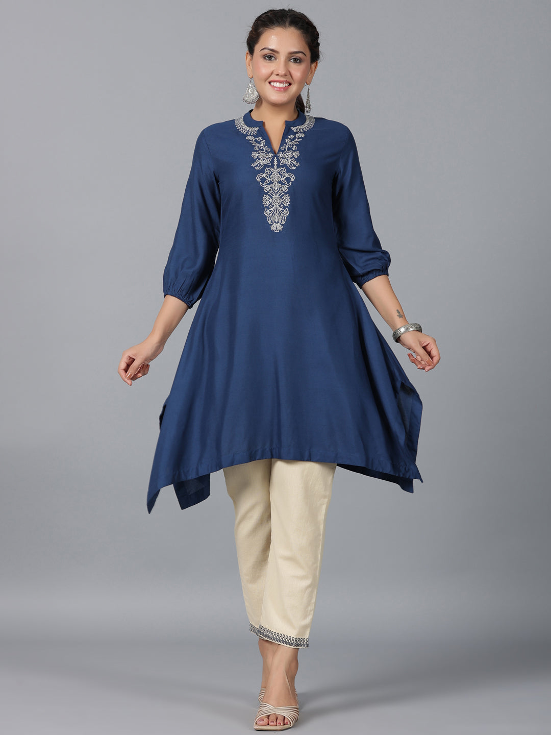 Juniper Women Navy Blue LIVA Embroidered Asymmetric Kurta & Pants Set