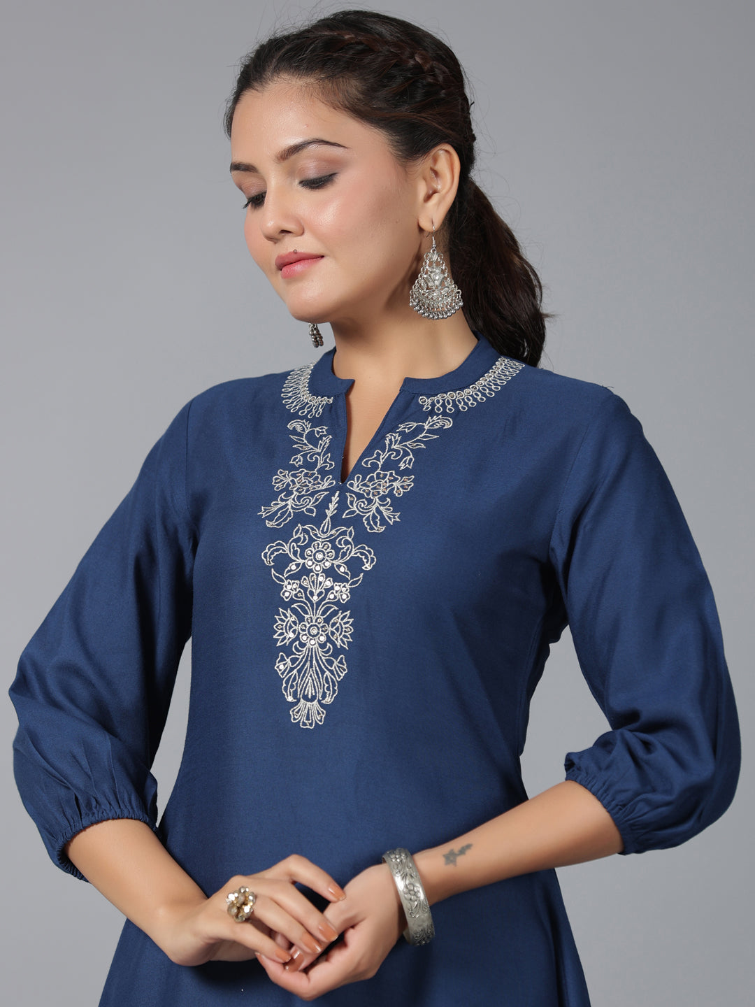 Juniper Women Navy Blue LIVA Embroidered Asymmetric Kurta & Pants Set