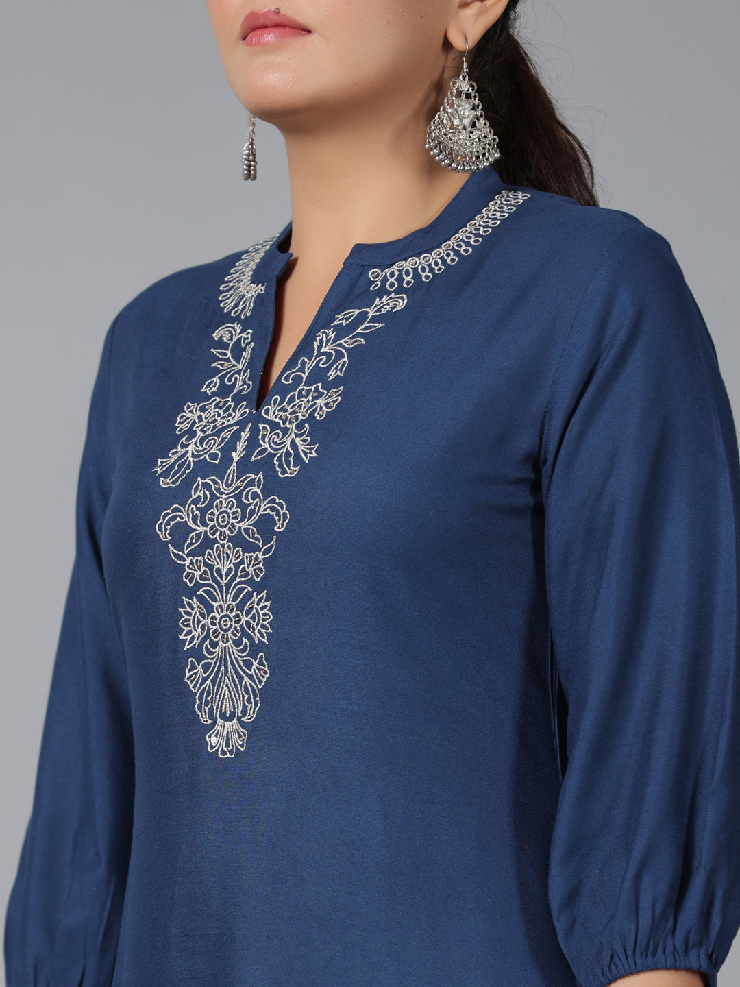 Juniper Women Navy Blue LIVA Embroidered Asymmetric Kurta & Pants Set