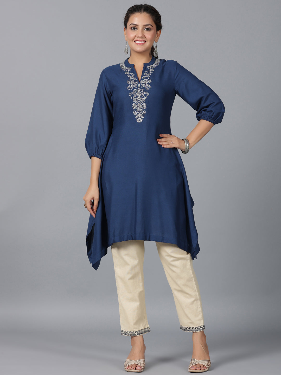 Juniper Women Navy Blue LIVA Embroidered Asymmetric Kurta & Pants Set