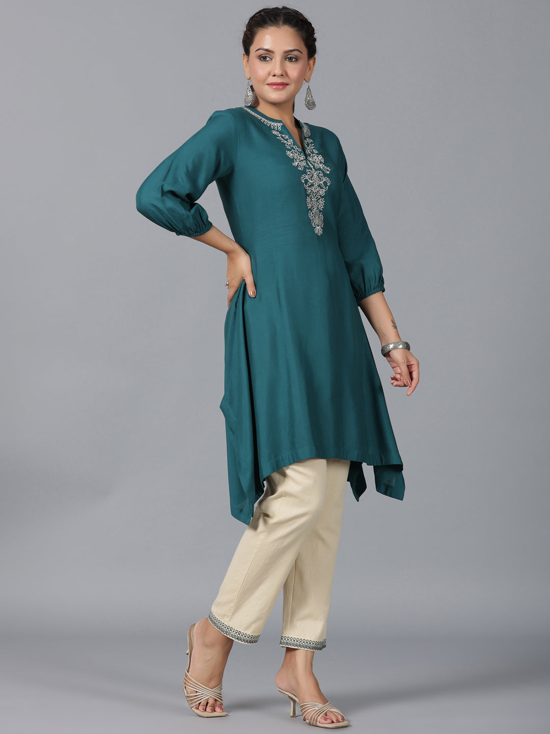 Juniper Women Teal LIVA Embroidered Asymmetric Kurta & Pants Set