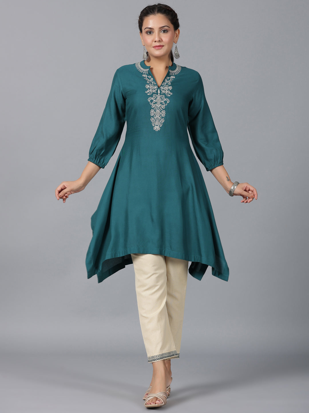 Juniper Women Teal LIVA Embroidered Asymmetric Kurta & Pants Set