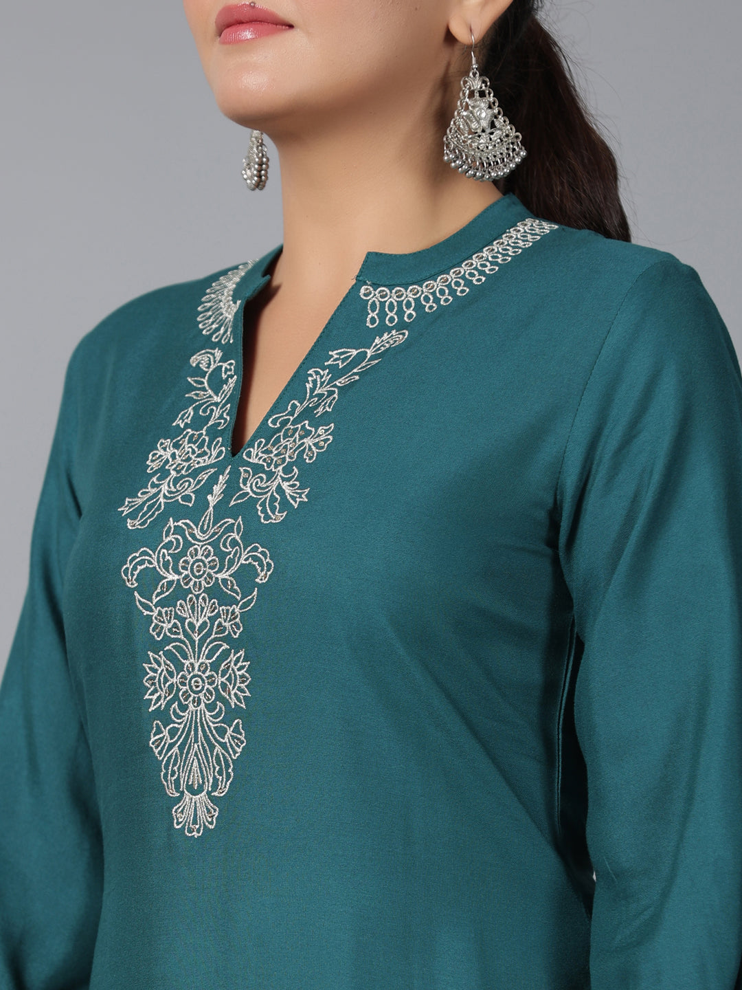 Juniper Women Teal LIVA Embroidered Asymmetric Kurta & Pants Set